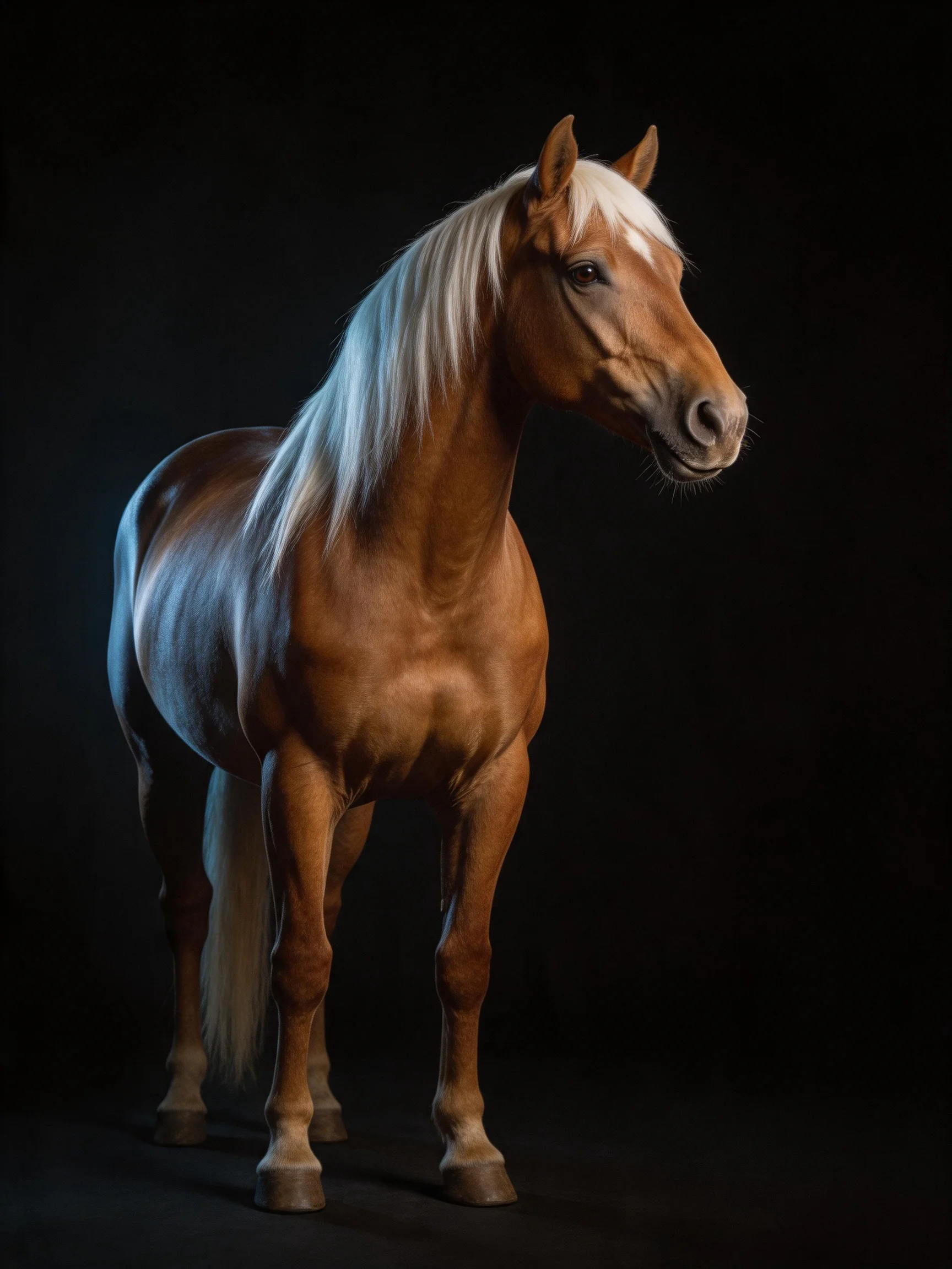 A chestnut horse with a long white mane stands on a black background.