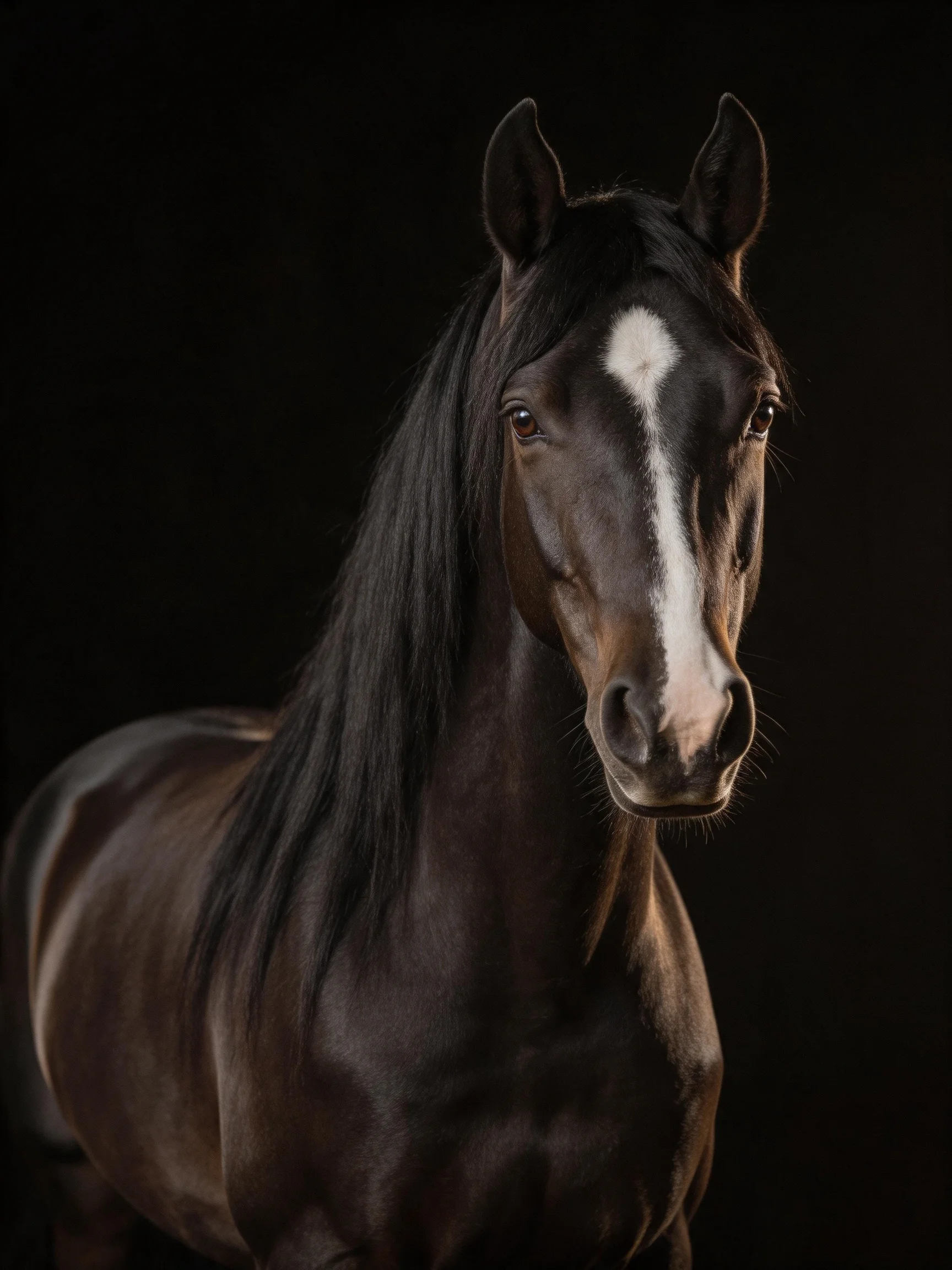 A majestic dark bay horse with a prominent white blaze on a black backdrop