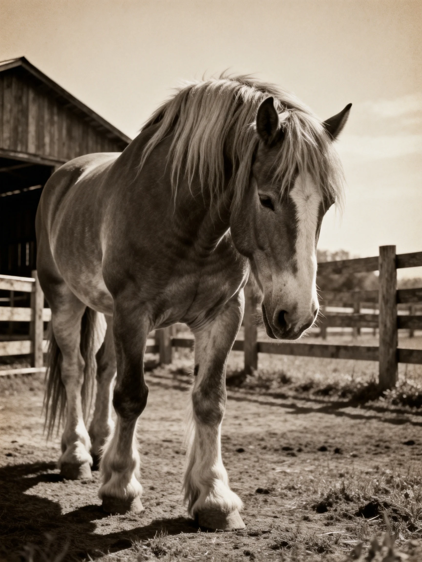 A majestic draft horse stands near an old wooden barn in sepia tones