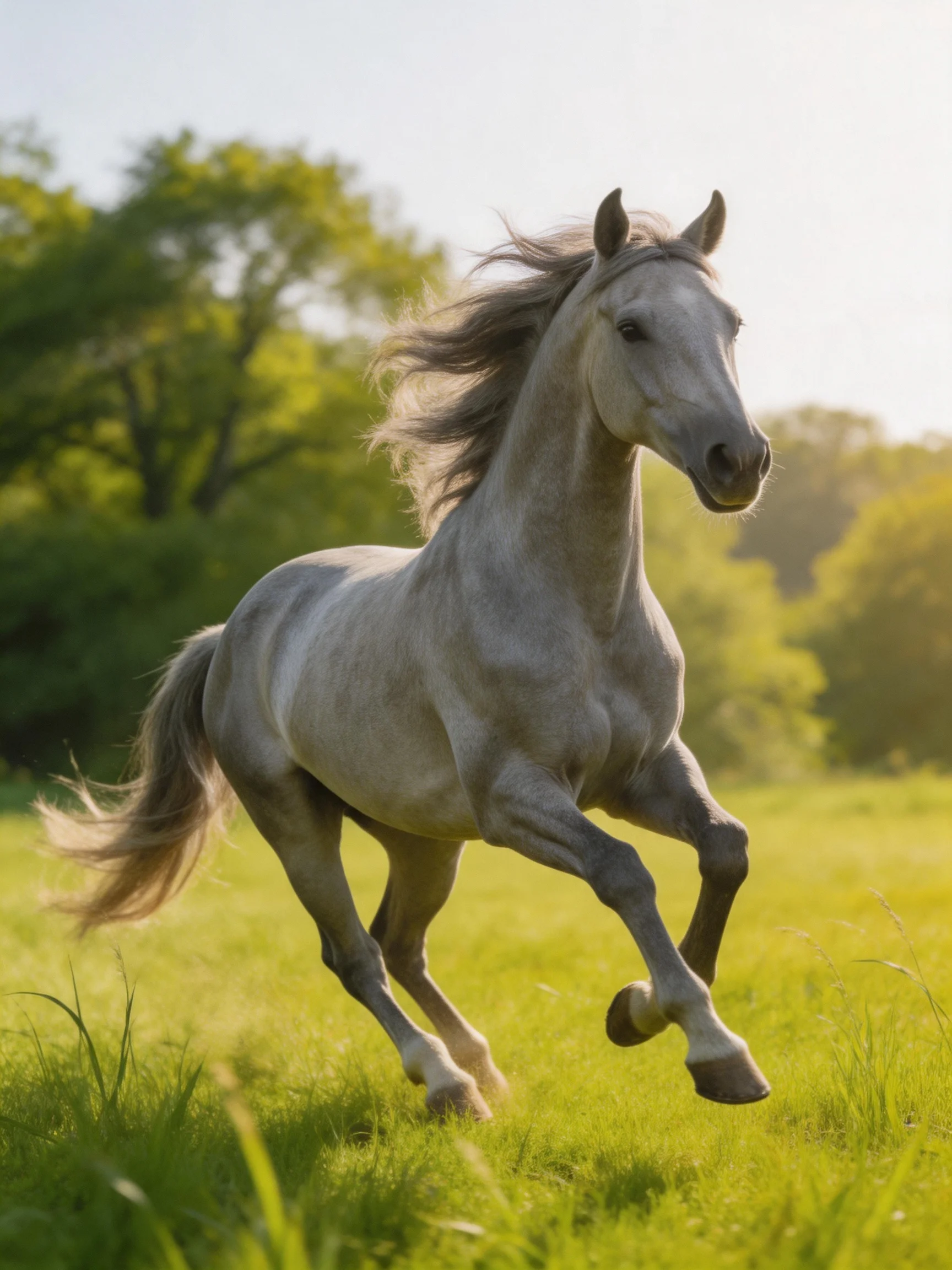 A majestic gray horse galloping through a sunlit green meadow