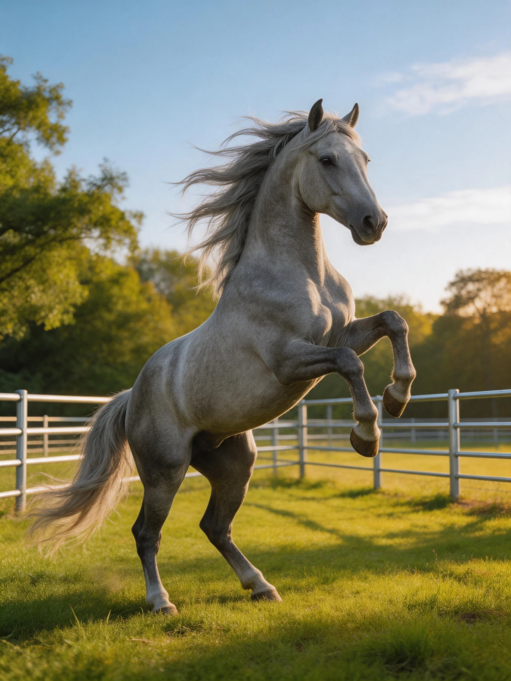 A majestic gray horse rears in a sunlit fenced pasture