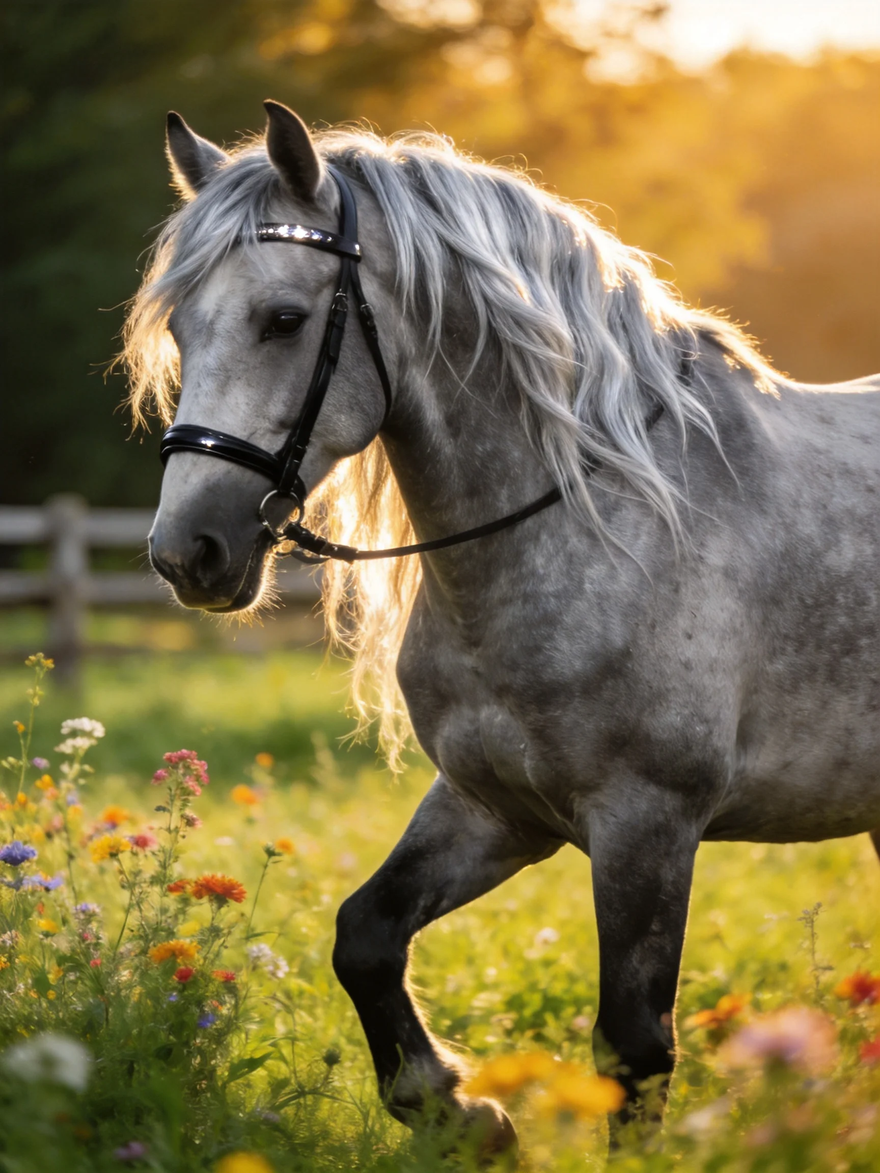 A majestic gray horse trotting through a colorful flower-filled meadow