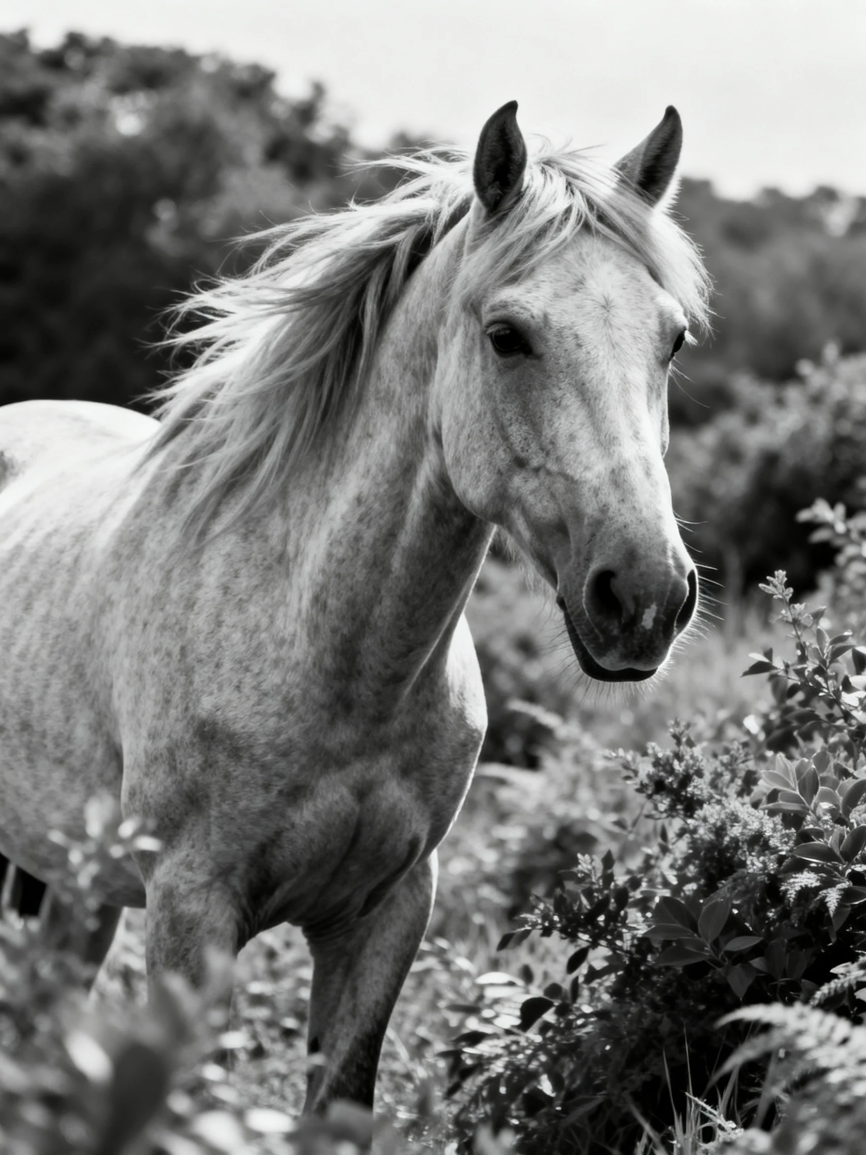 A majestic horse stands amid wild vegetation in a monochrome landscape