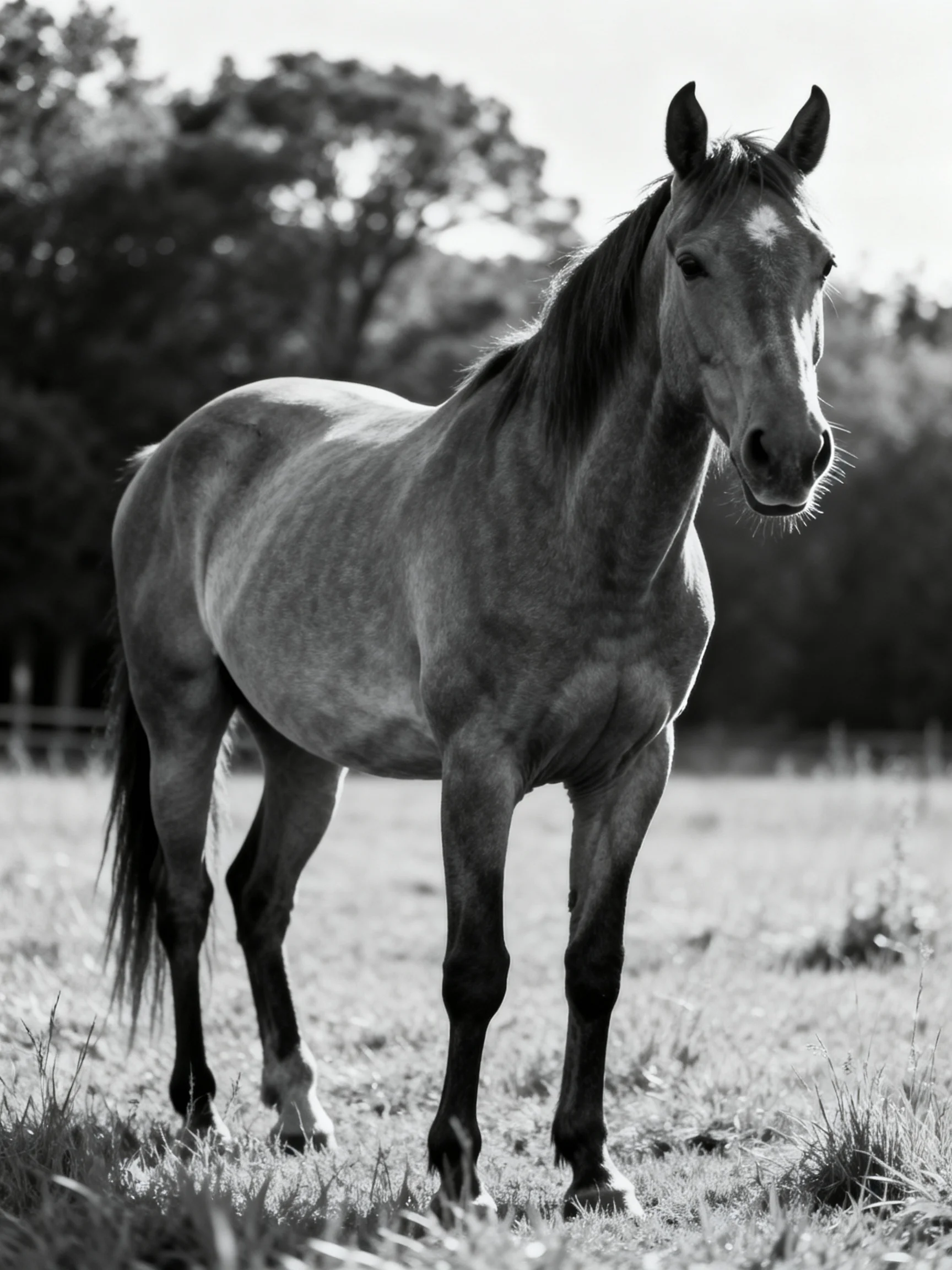 A horse stands calmly in a sunlit field near blurred trees.