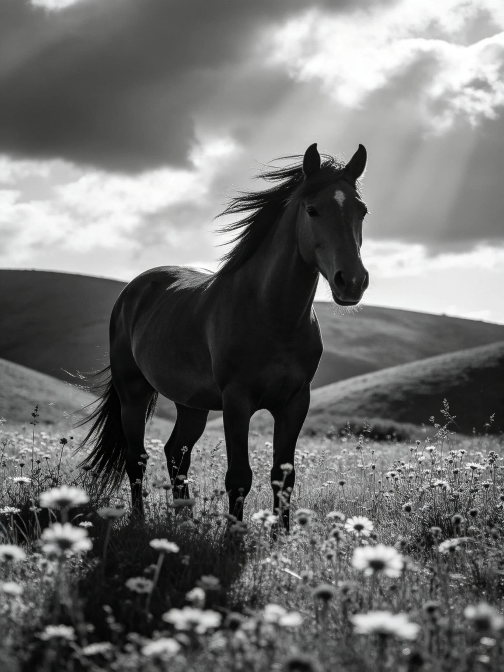 A horse stands among wildflowers in a hilly landscape with dramatic clouds overhead.