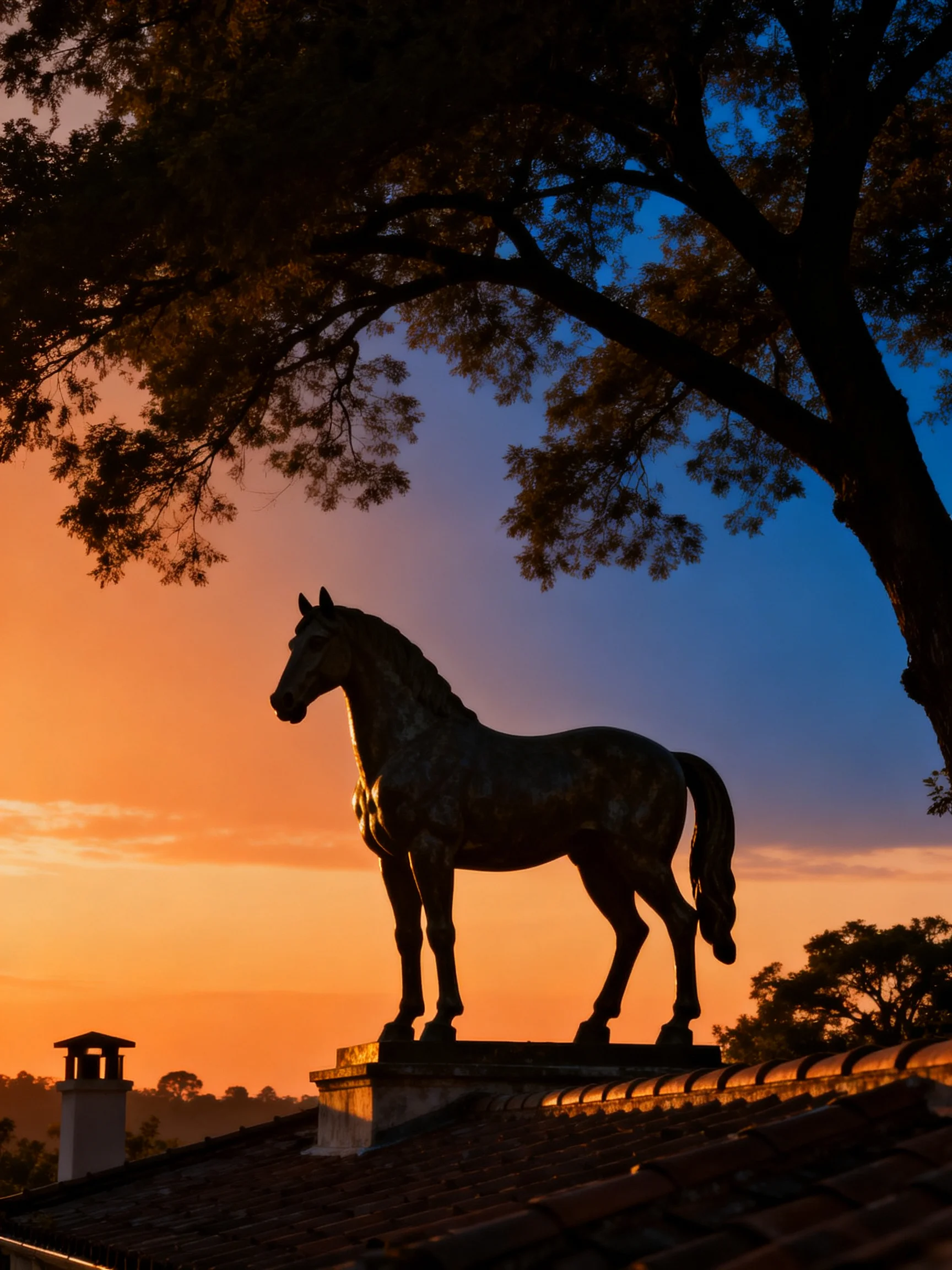 A majestic horse statue silhouetted against a vibrant sunset sky