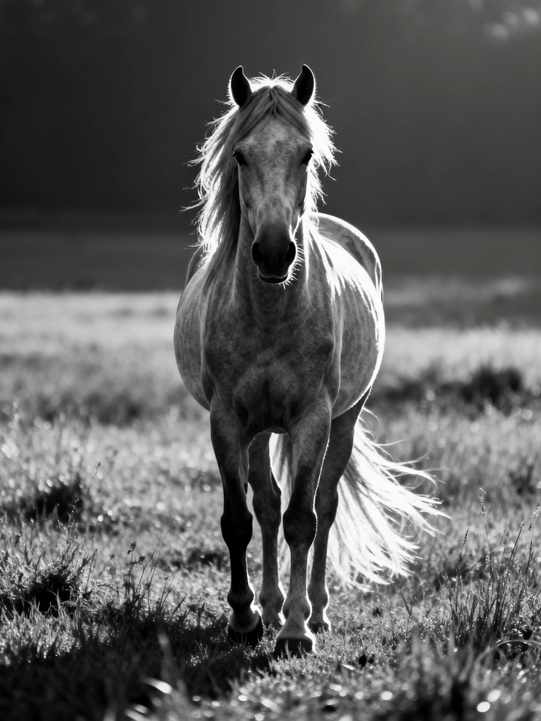 A single horse moves through a sunlit open field.