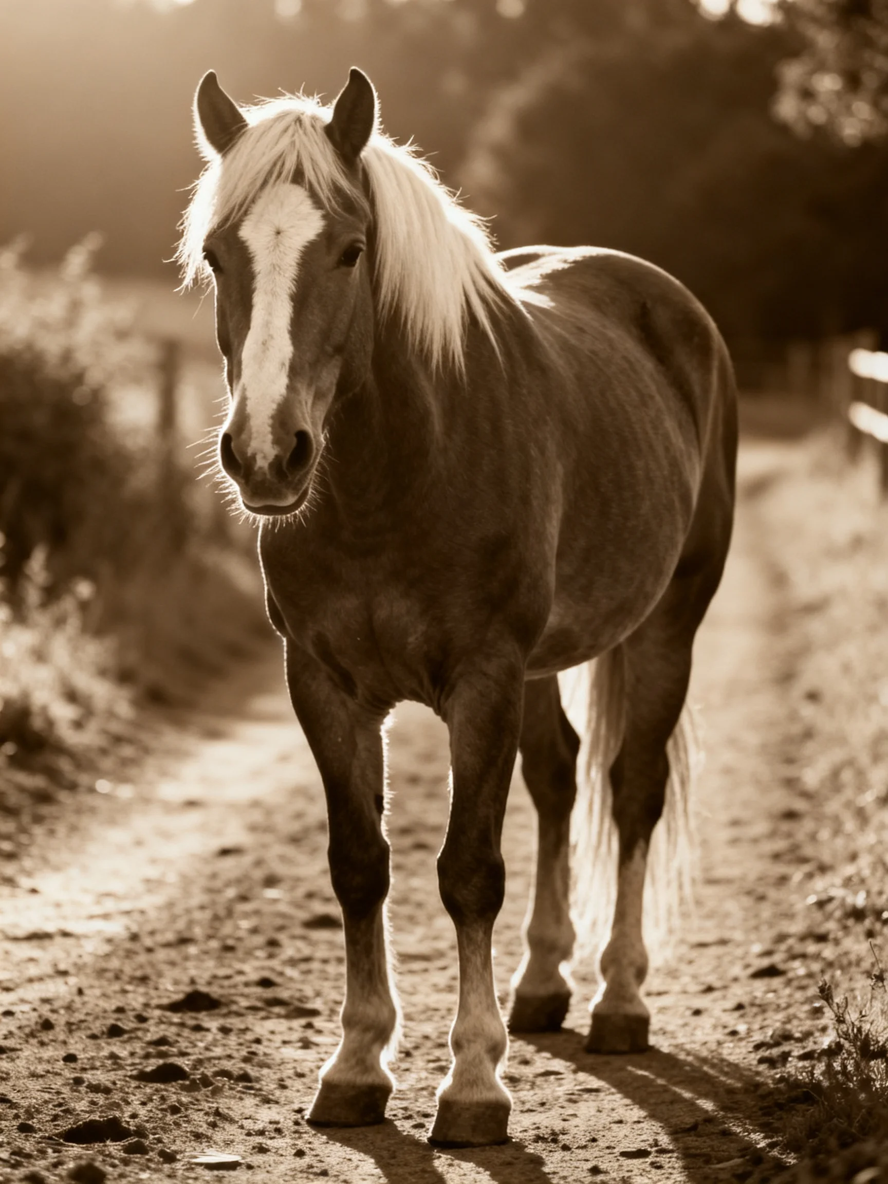 A majestic horse with a long white mane stands on a dusty rural path