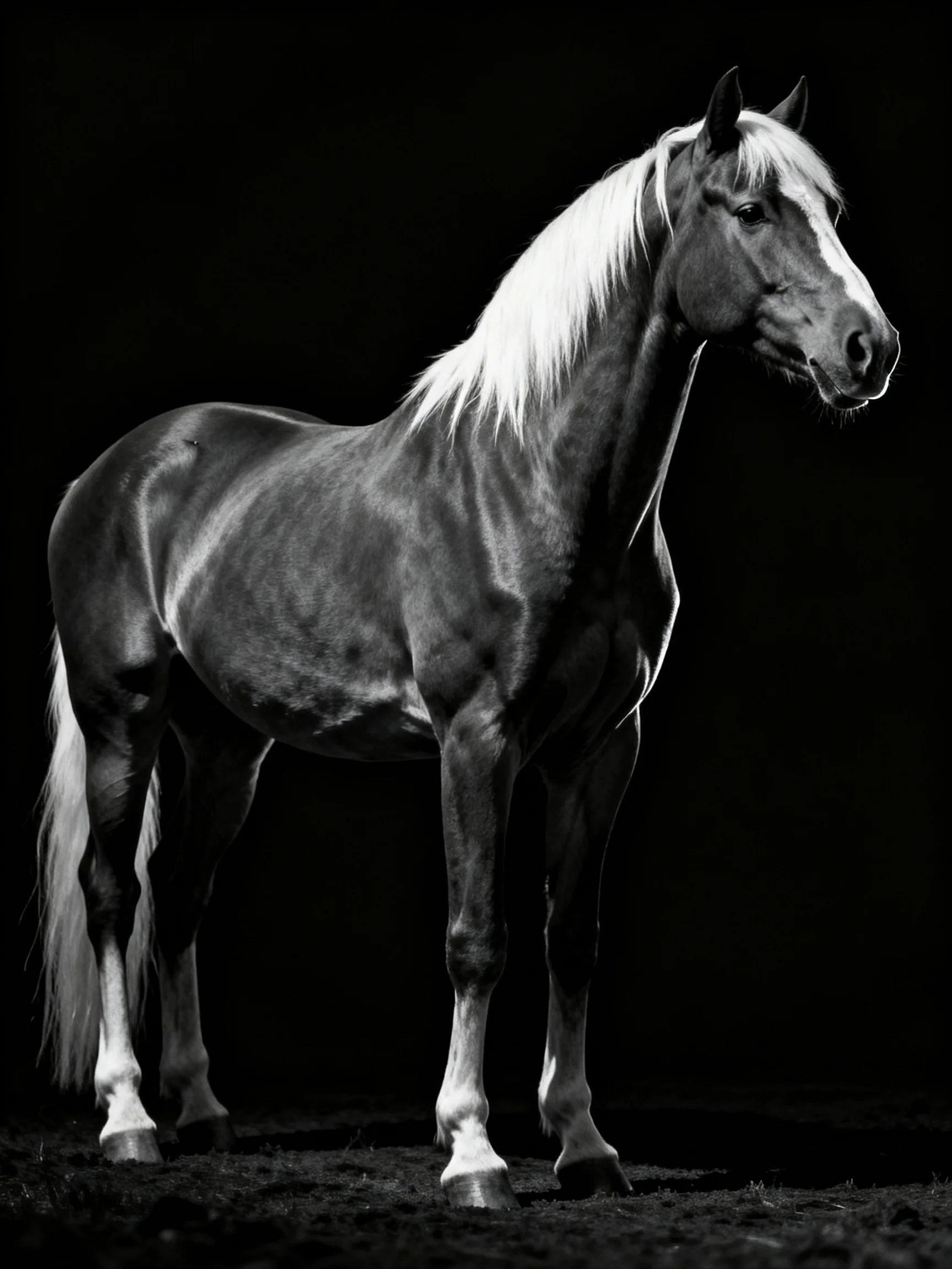 A majestic horse with flowing white mane against a stark black backdrop