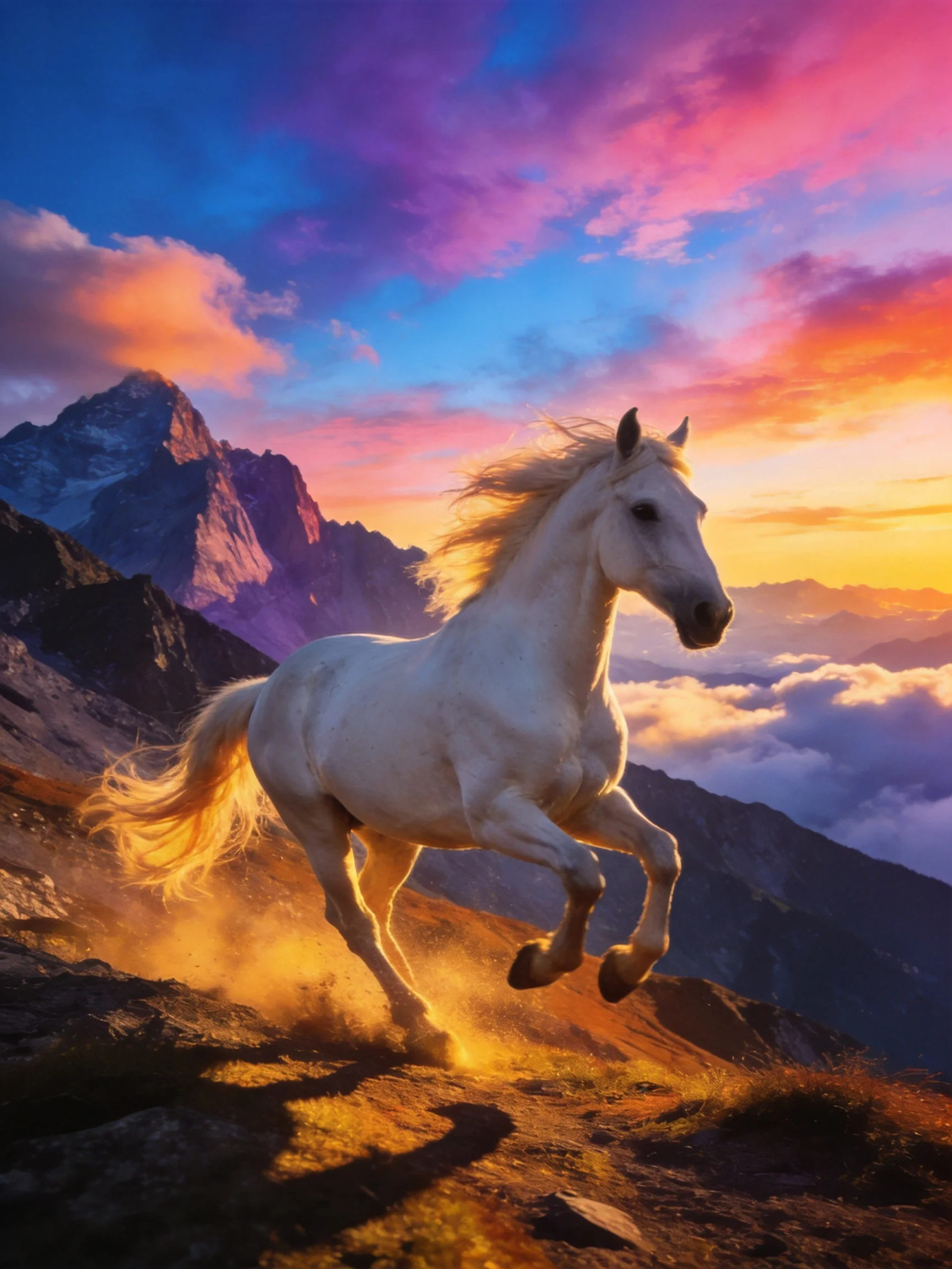 A majestic white horse galloping near vibrant mountain peaks at sunset