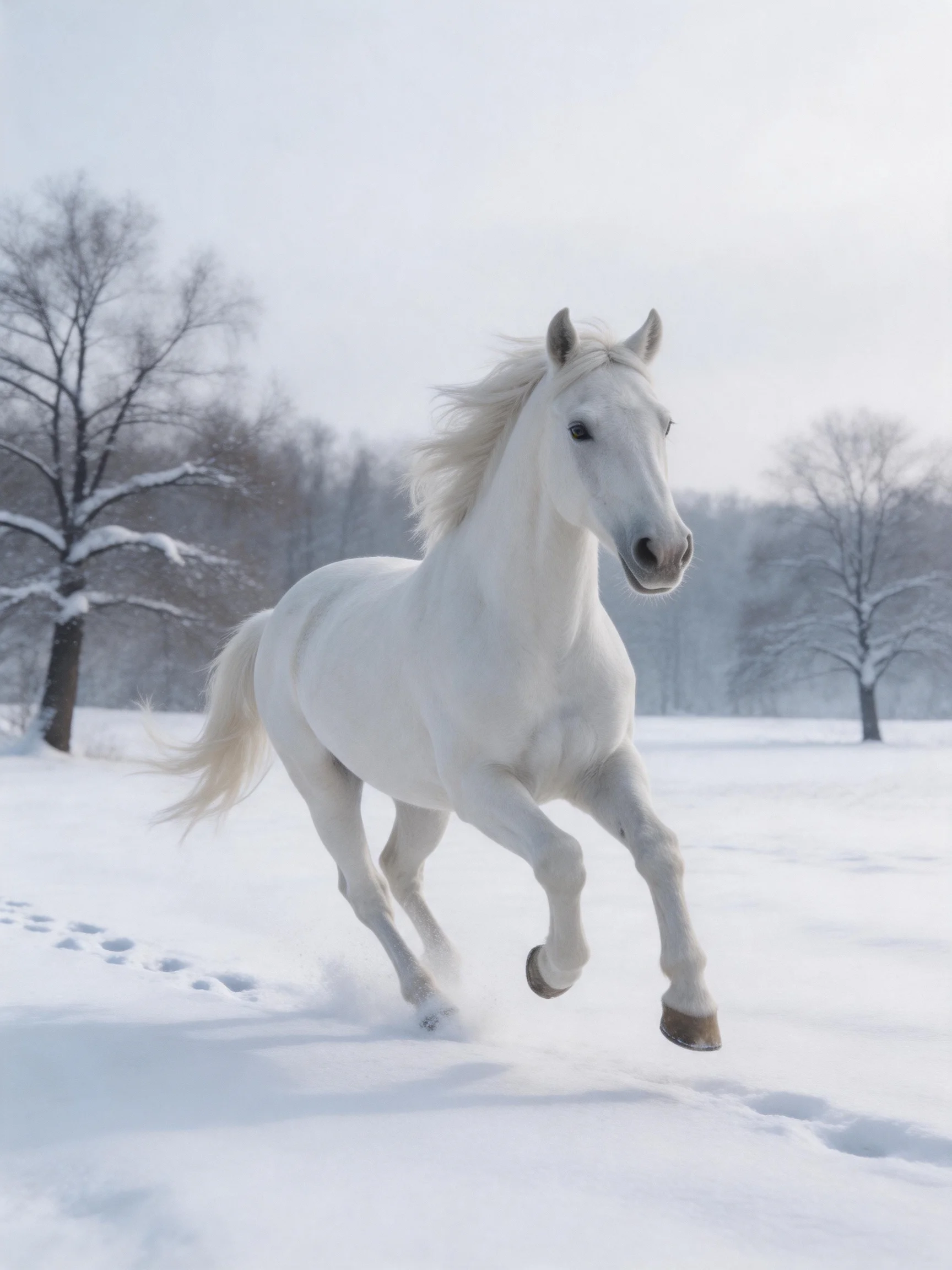 A white horse gallops energetically through a snow-covered field.