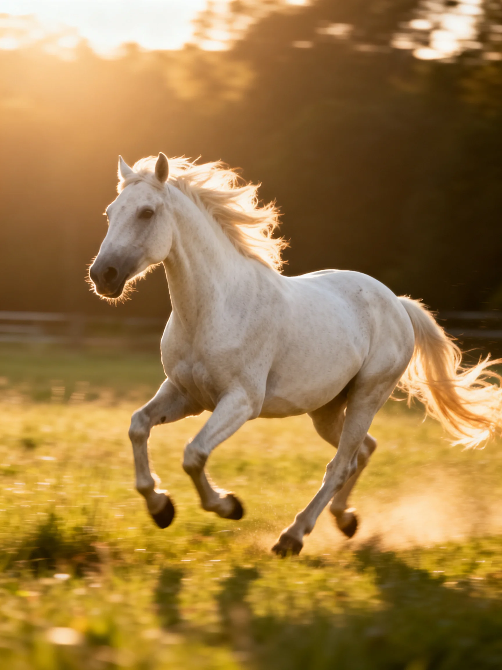 A majestic white horse galloping through a sunlit meadow