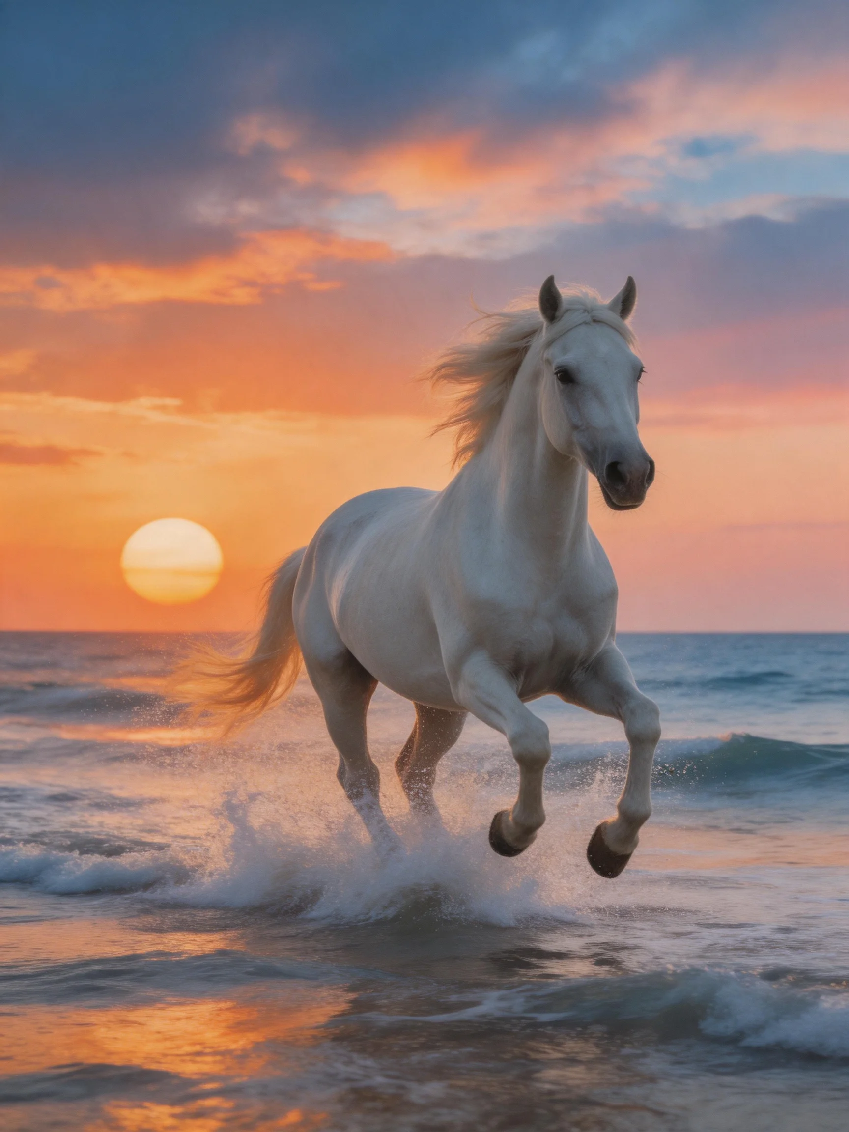 A majestic white horse galloping through ocean waves at sunset