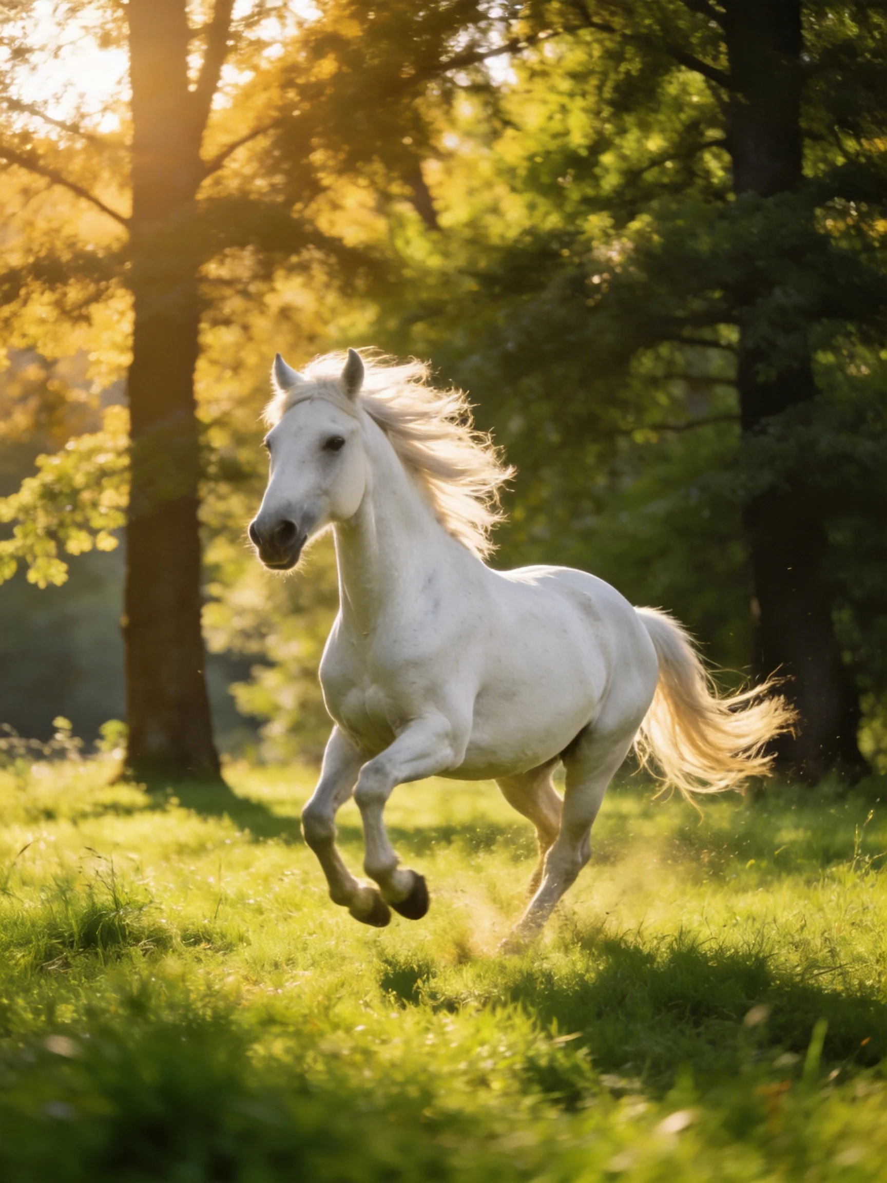A majestic white horse galloping through sunlit green meadow