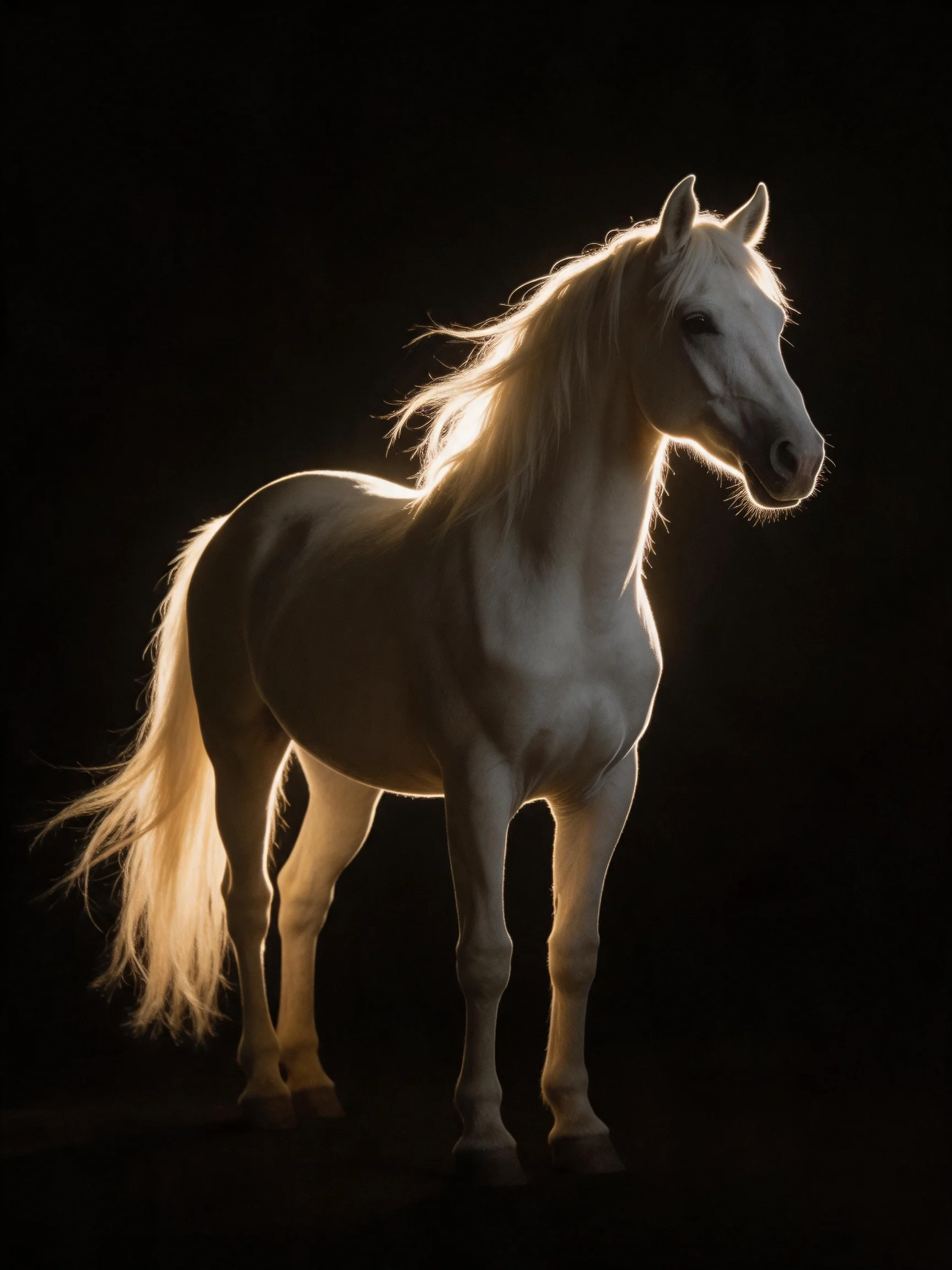A majestic white horse illuminated by golden backlight on a dark backdrop
