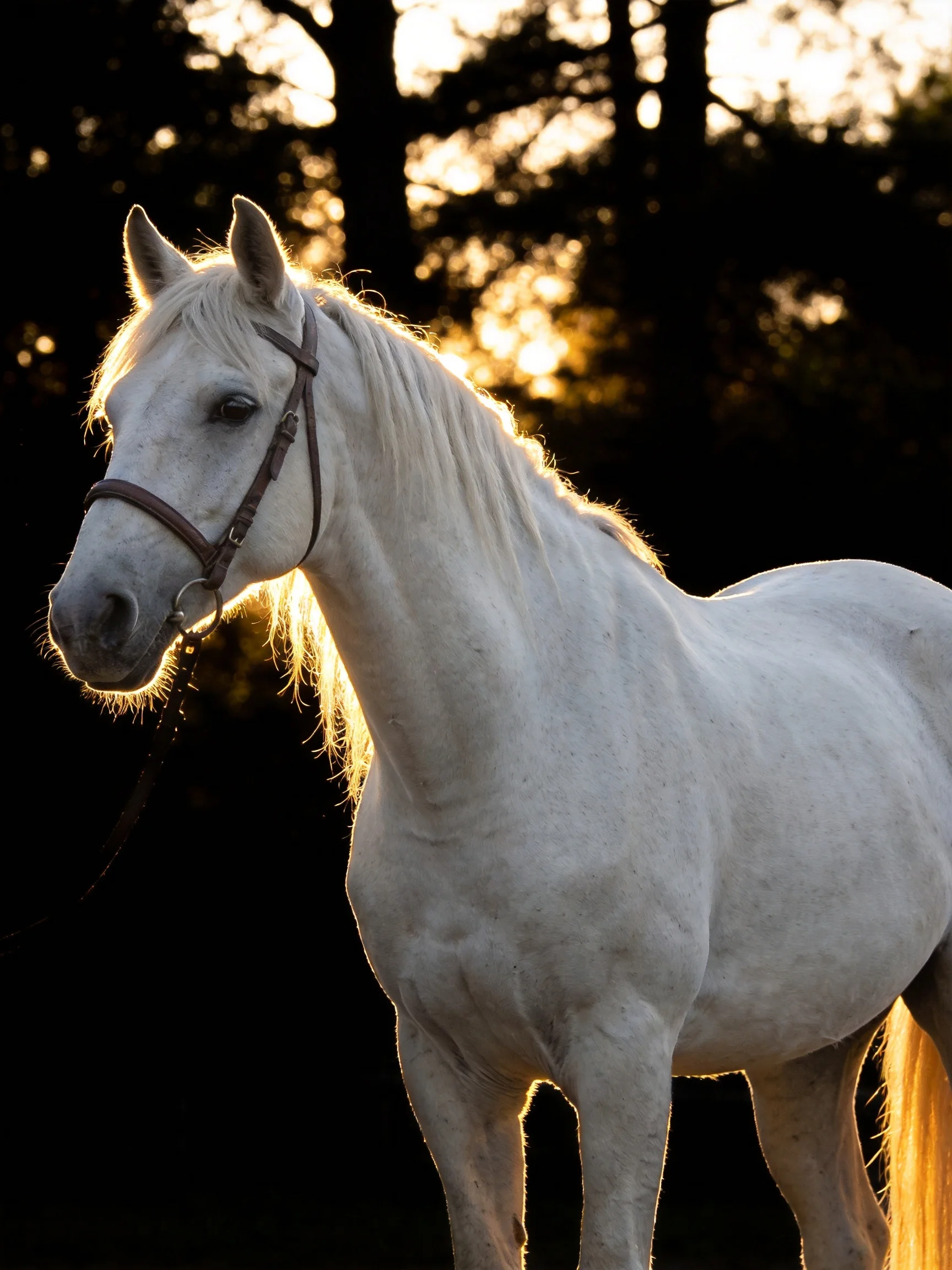A majestic white horse illuminated by golden sunset light