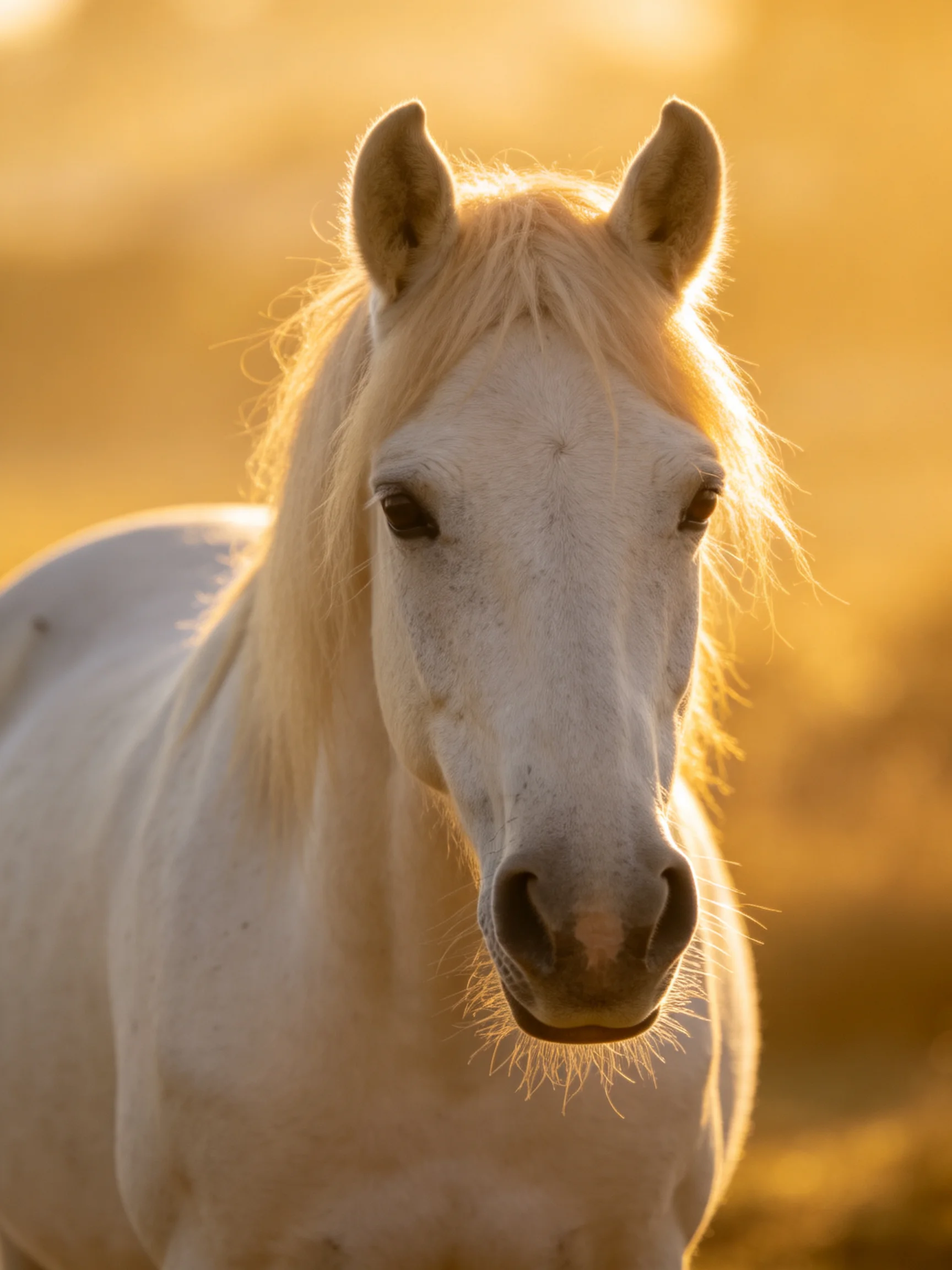 A white horse stands out in golden light with a blurred golden backdrop.