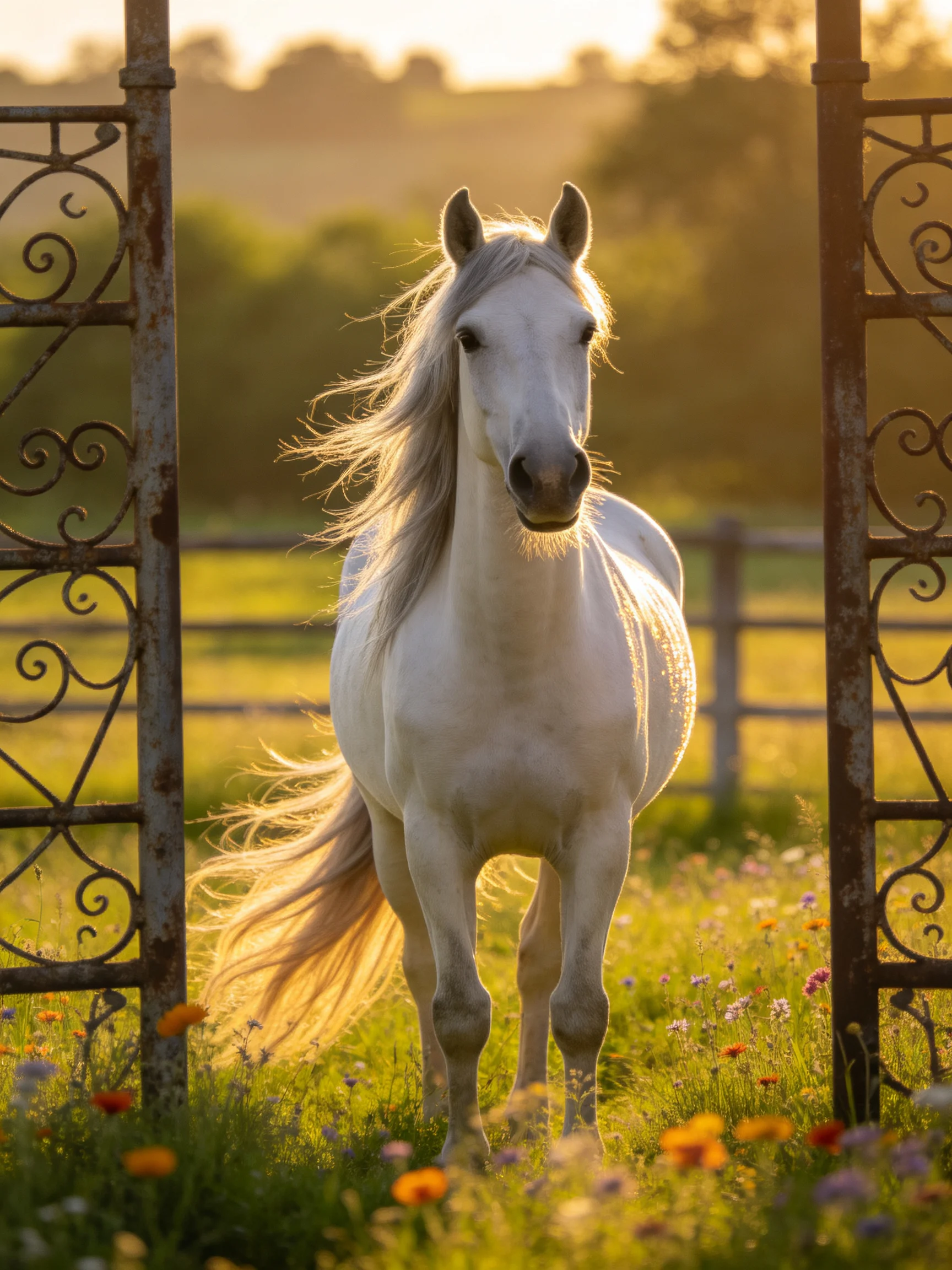 A majestic white horse in a flower-filled meadow near ornate gates