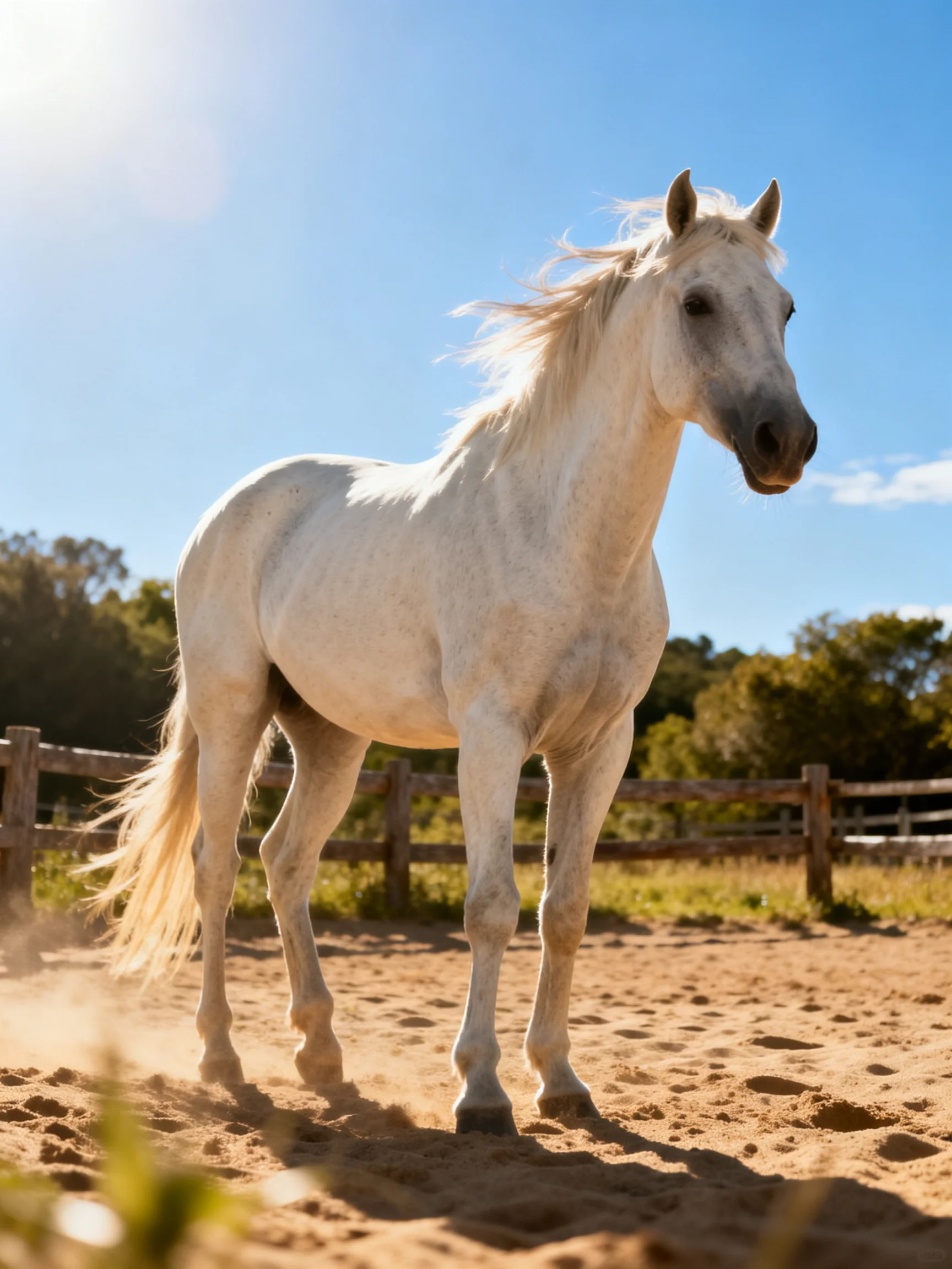 A majestic white horse in a sandy enclosure with a wooden fence