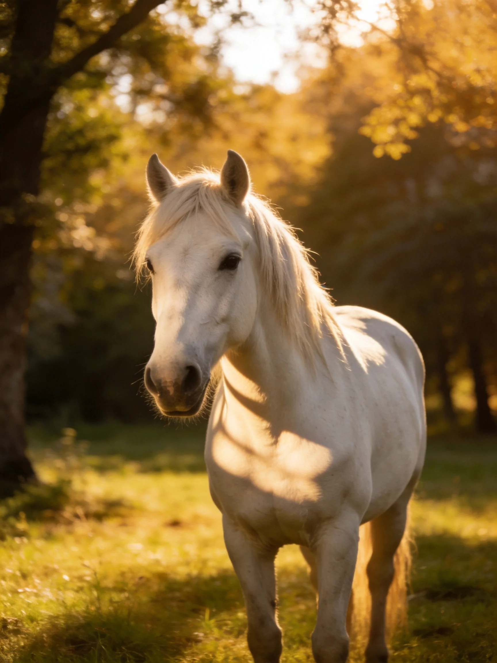 A majestic white horse in a sun-drenched wooded meadow