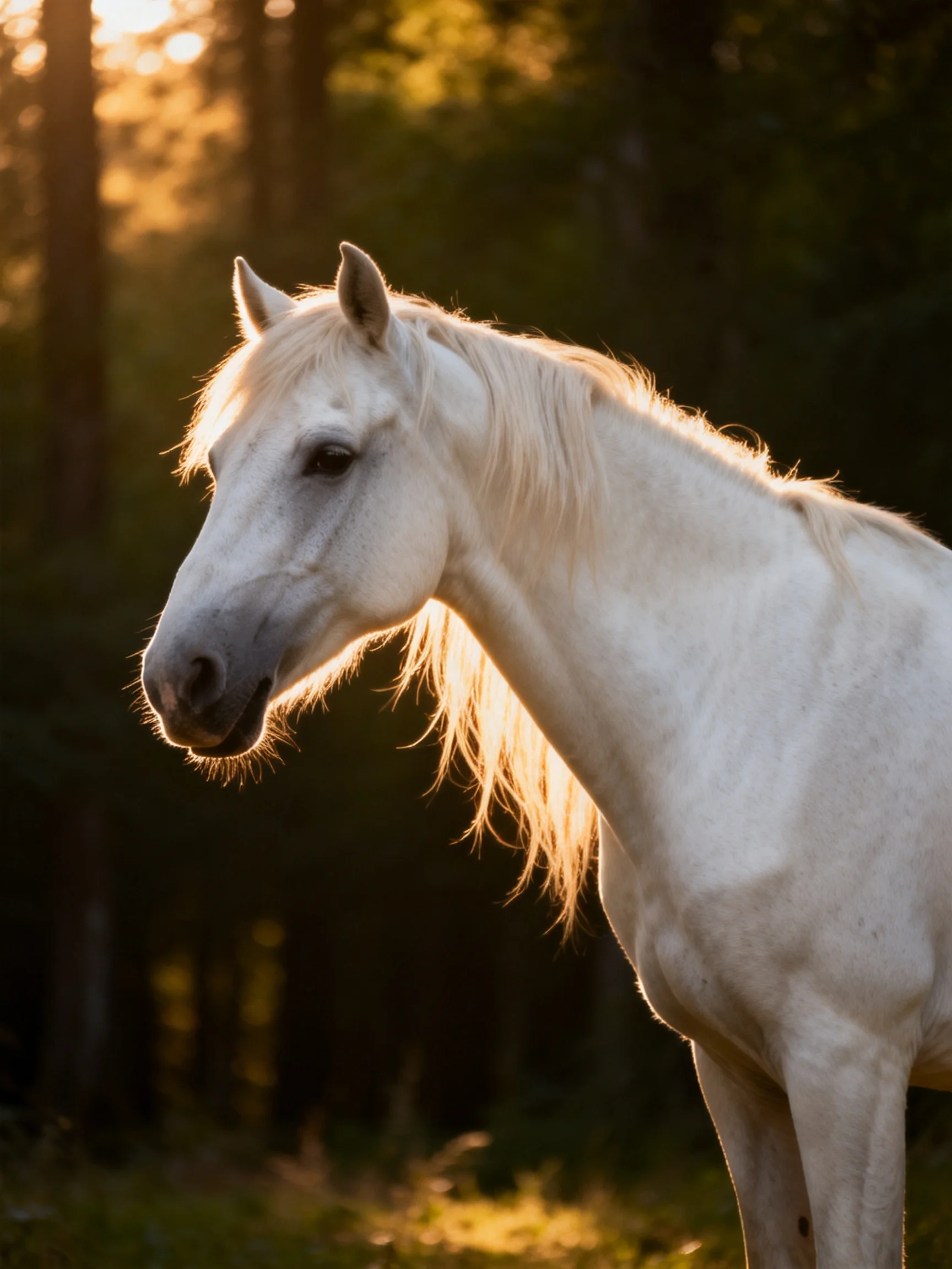A white horse is illuminated by sunlight in a forest clearing.