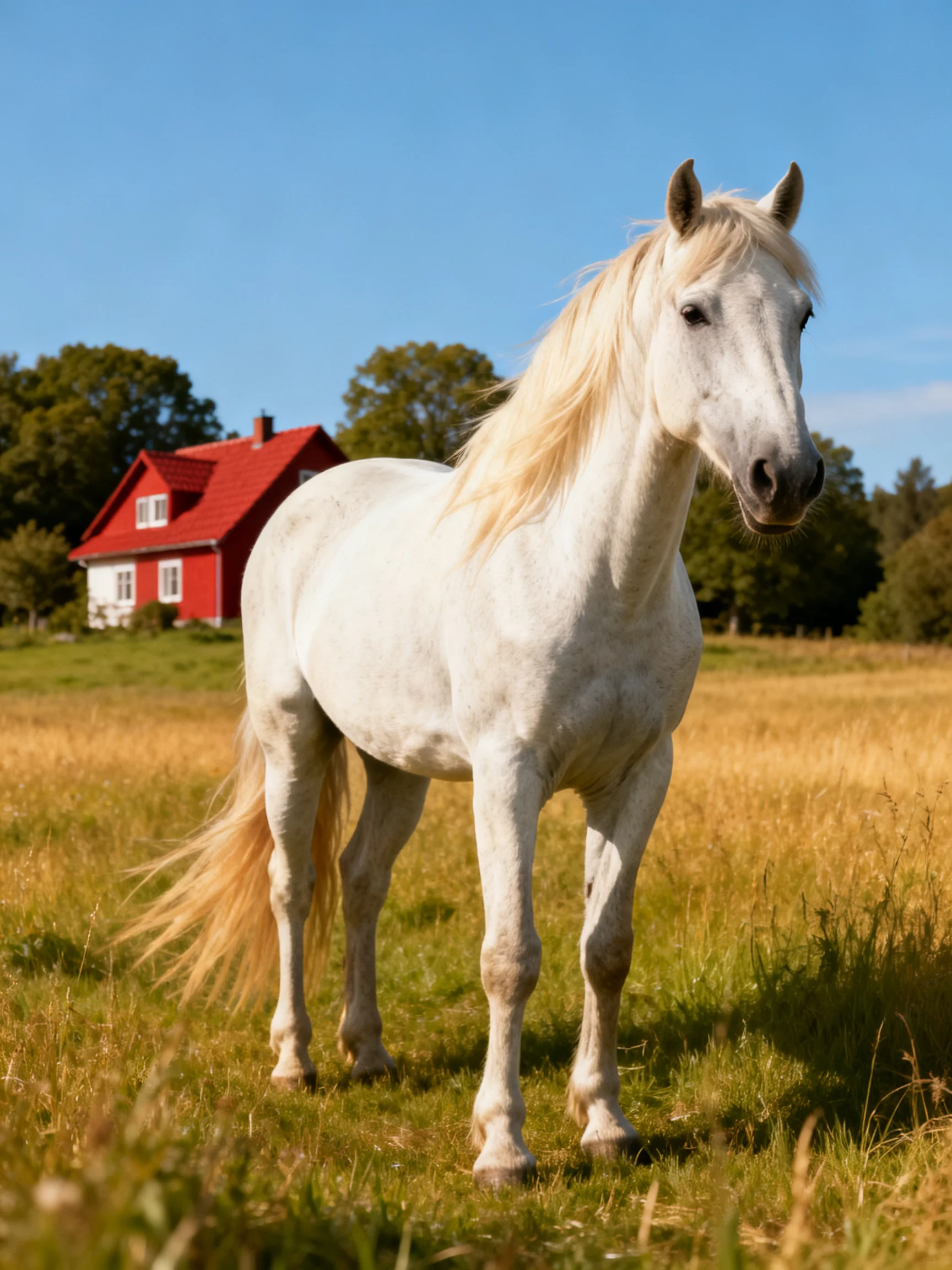 A majestic white horse near a bright red farmhouse in an open field