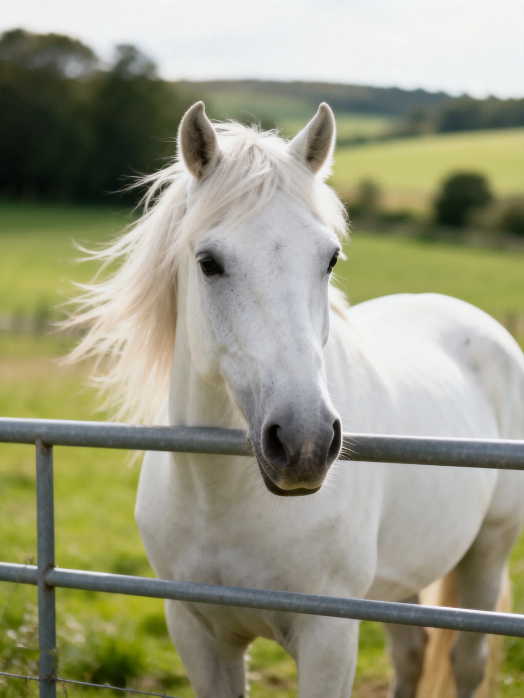 A majestic white horse near a metal fence in a green pasture