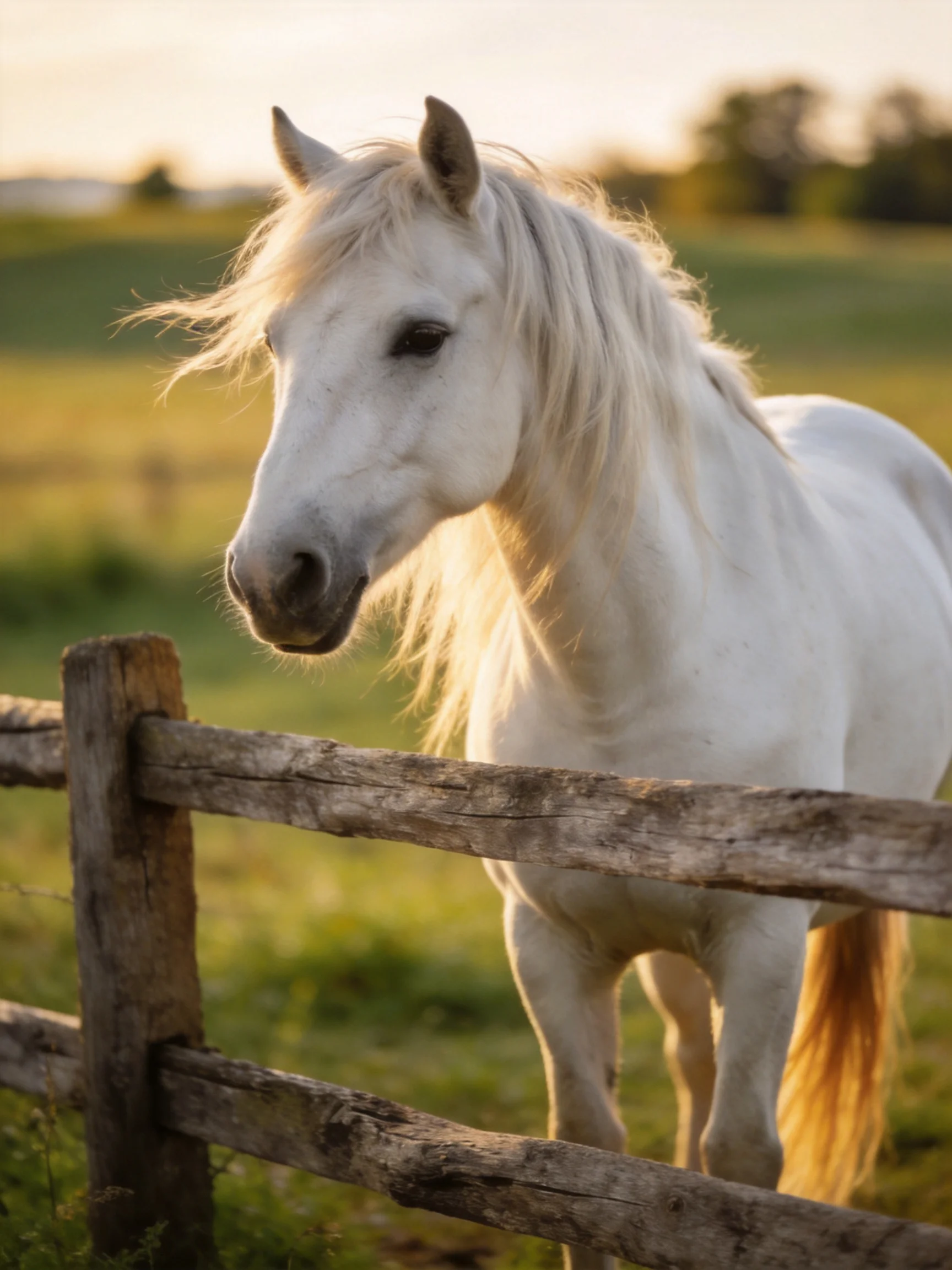 A majestic white horse near an aged wooden fence in a sunlit pasture
