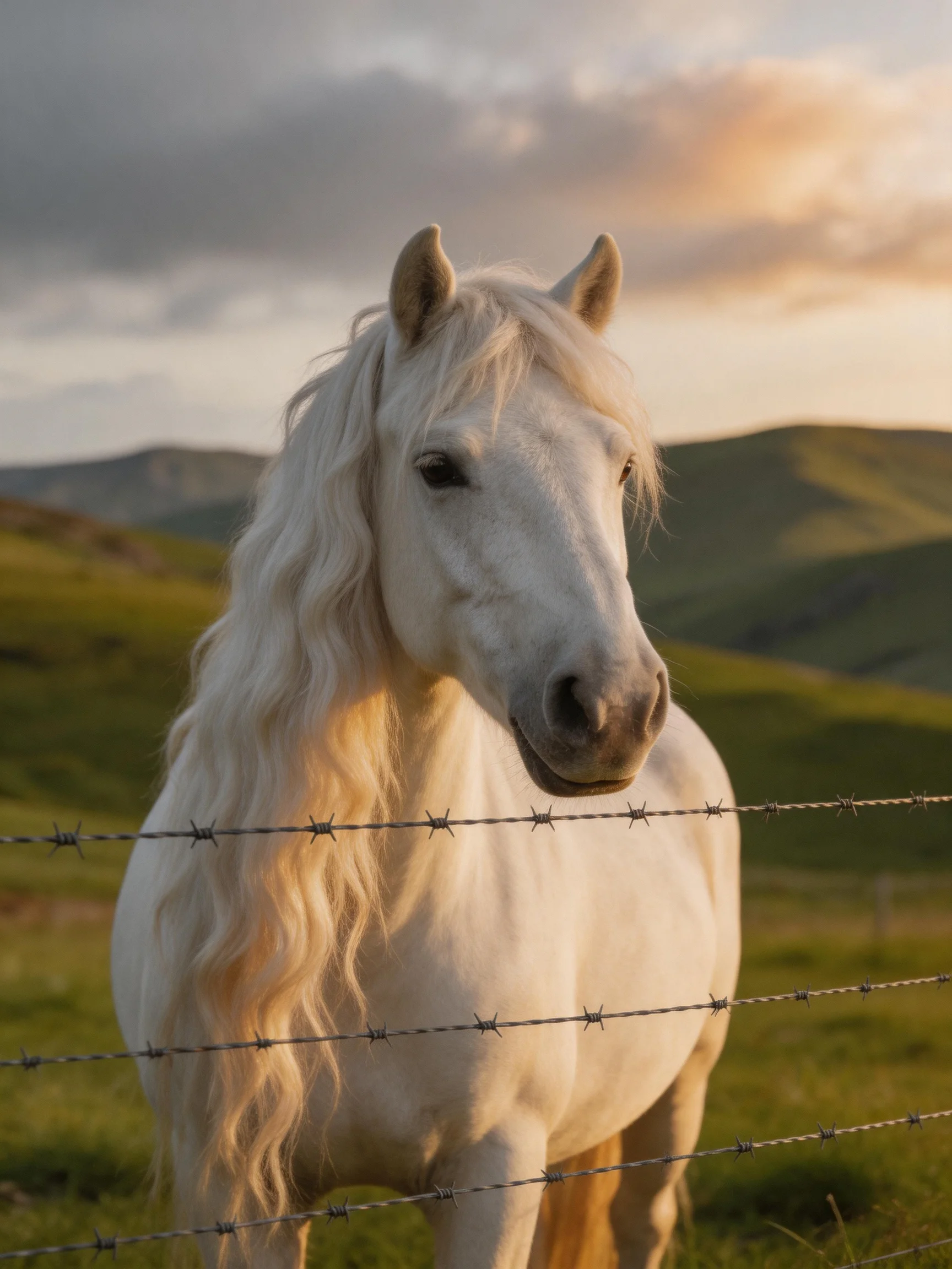 A white horse stands beside a barbed wire fence in a hilly meadow.