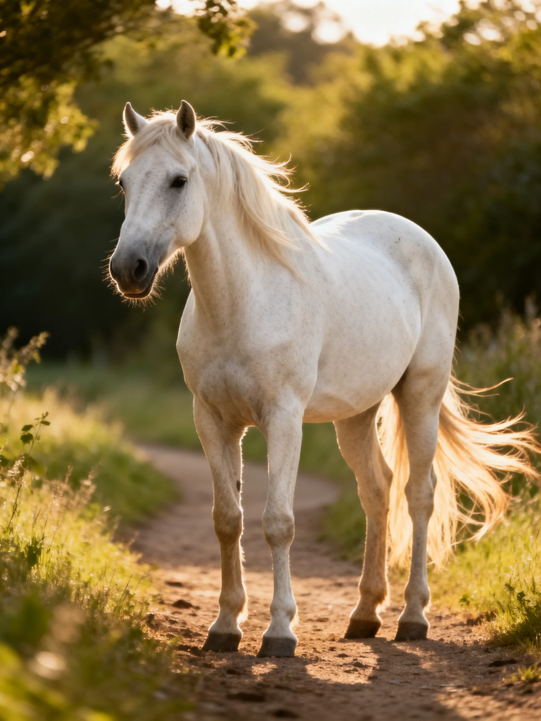 A white horse stands on a sunlit dirt path amid greenery.