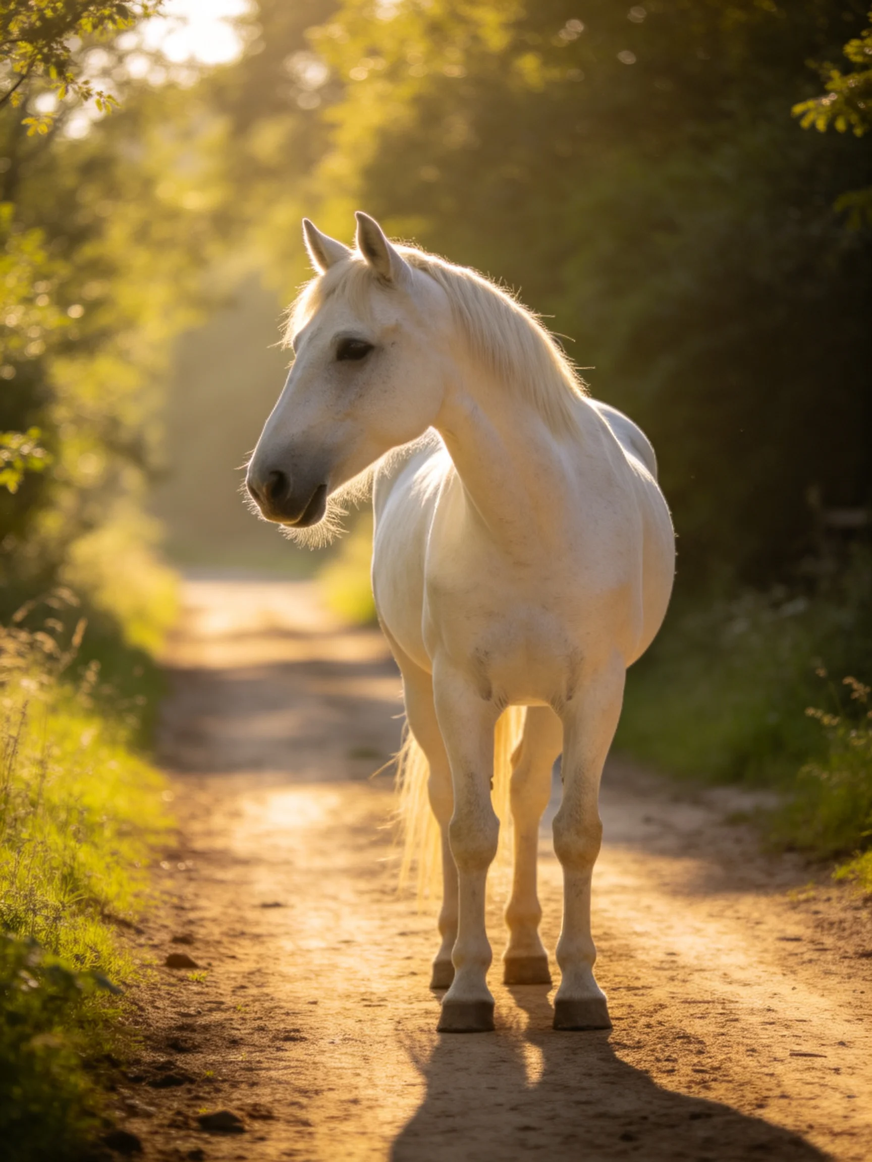 A white horse stands on a sunlit dirt path amid lush greenery.