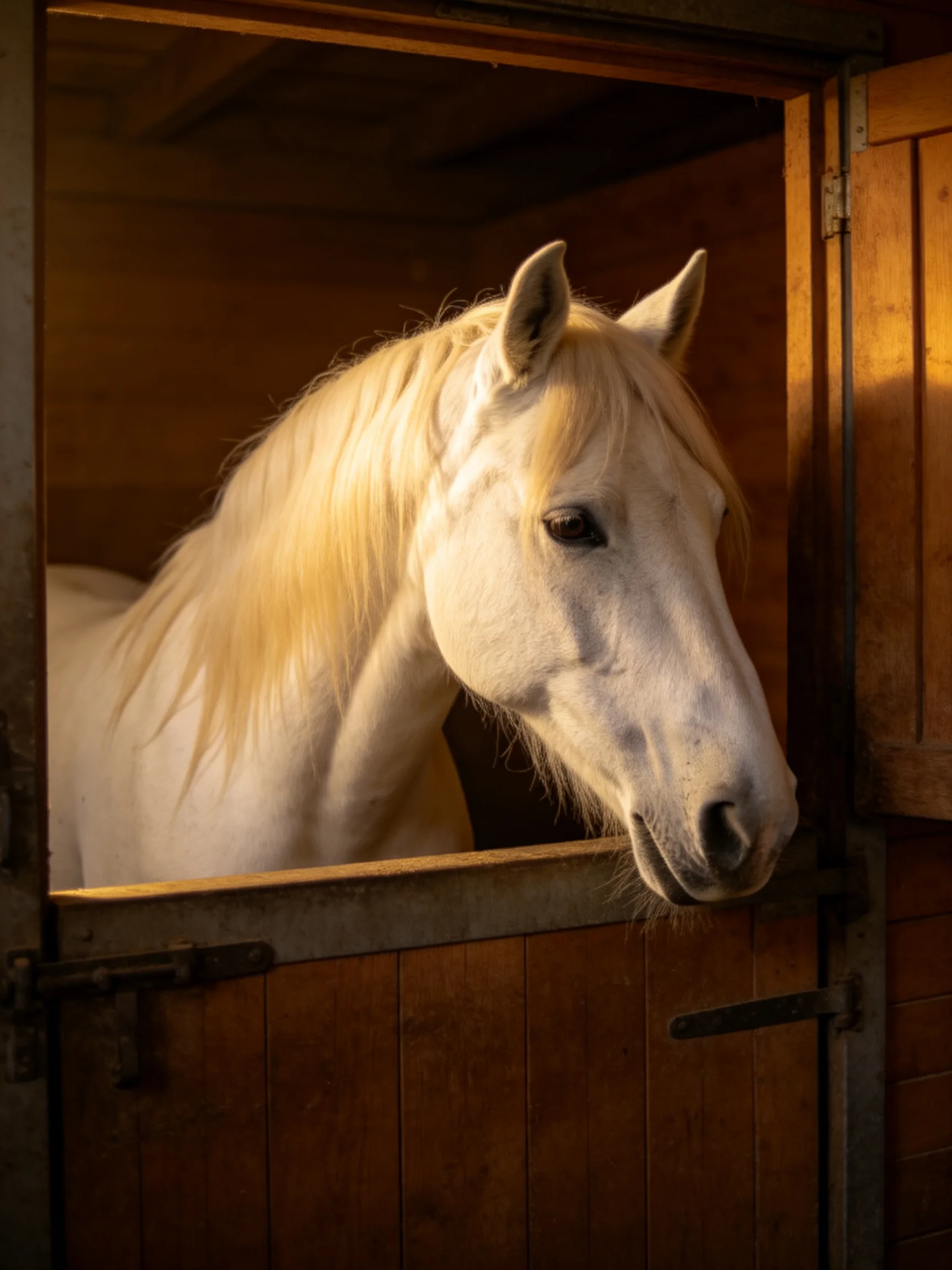 A majestic white horse peeks from an open wooden stable