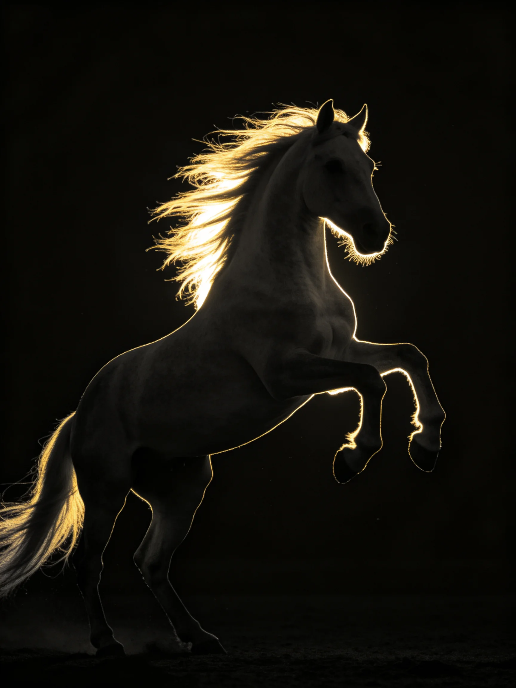 A majestic white horse rears with golden backlighting against a dark backdrop