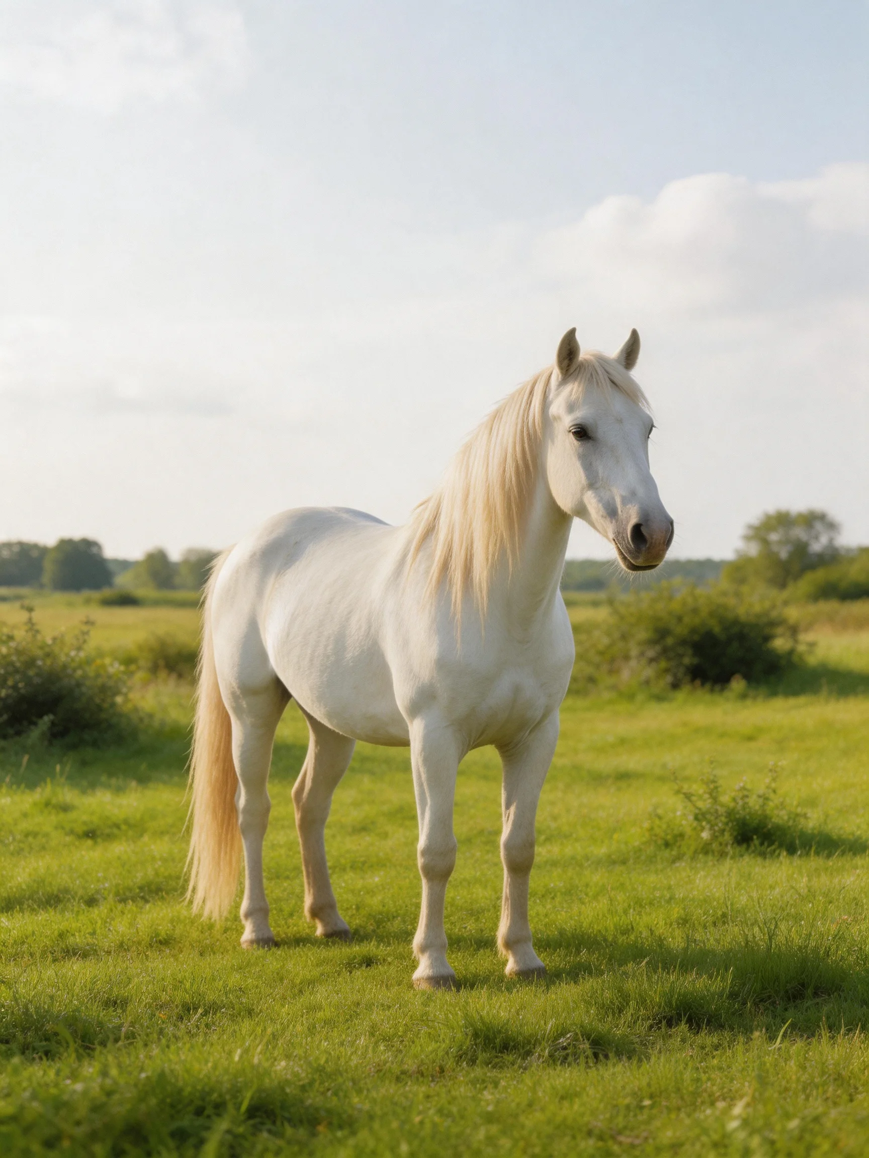 A majestic white horse standing in a lush green meadow