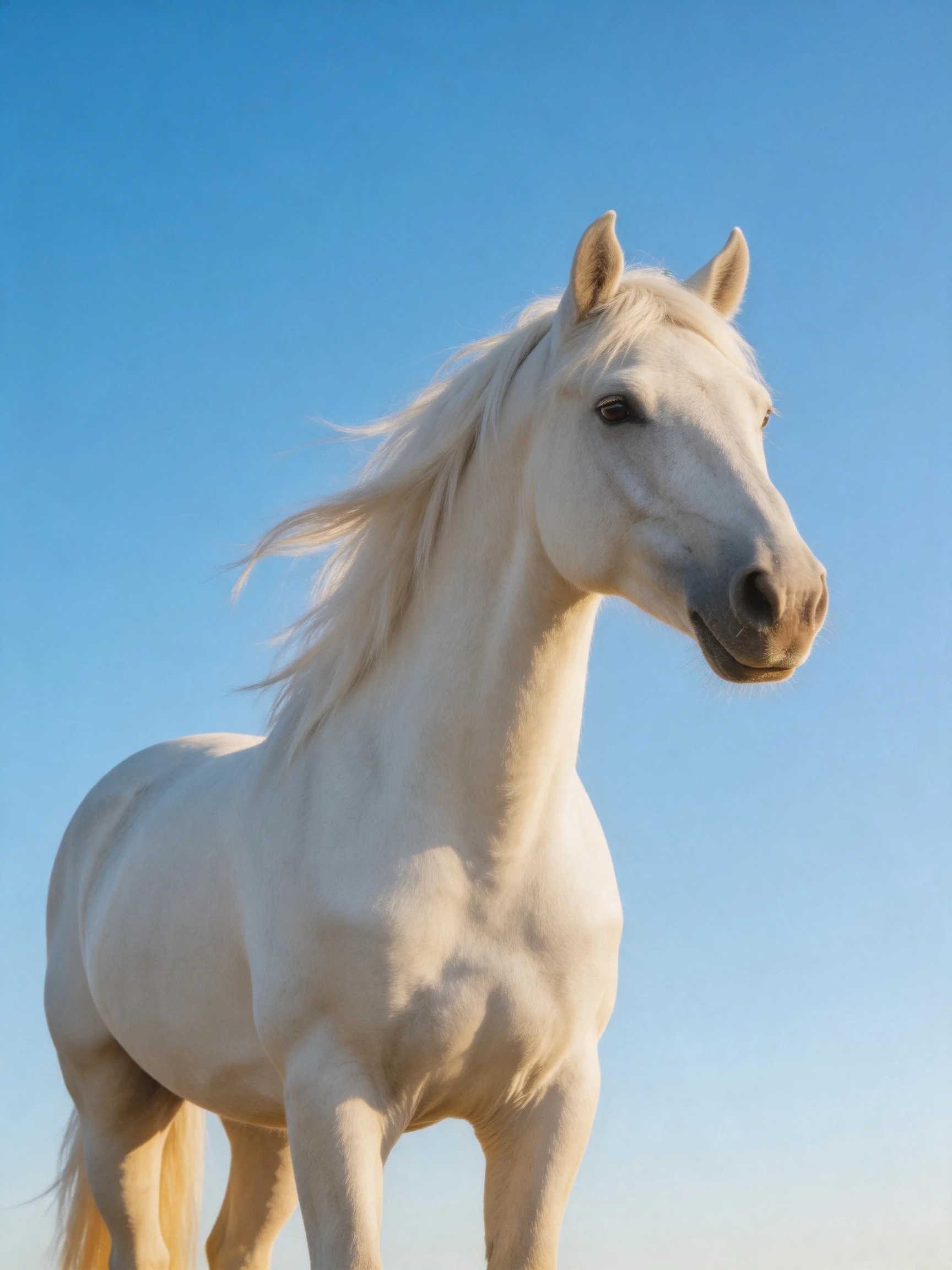 A white horse stands gracefully under a bright blue sky.