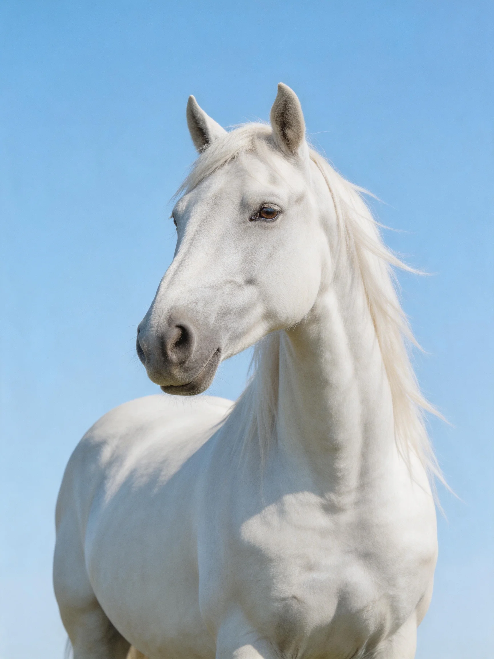 A white horse is shown against a bright blue sky.