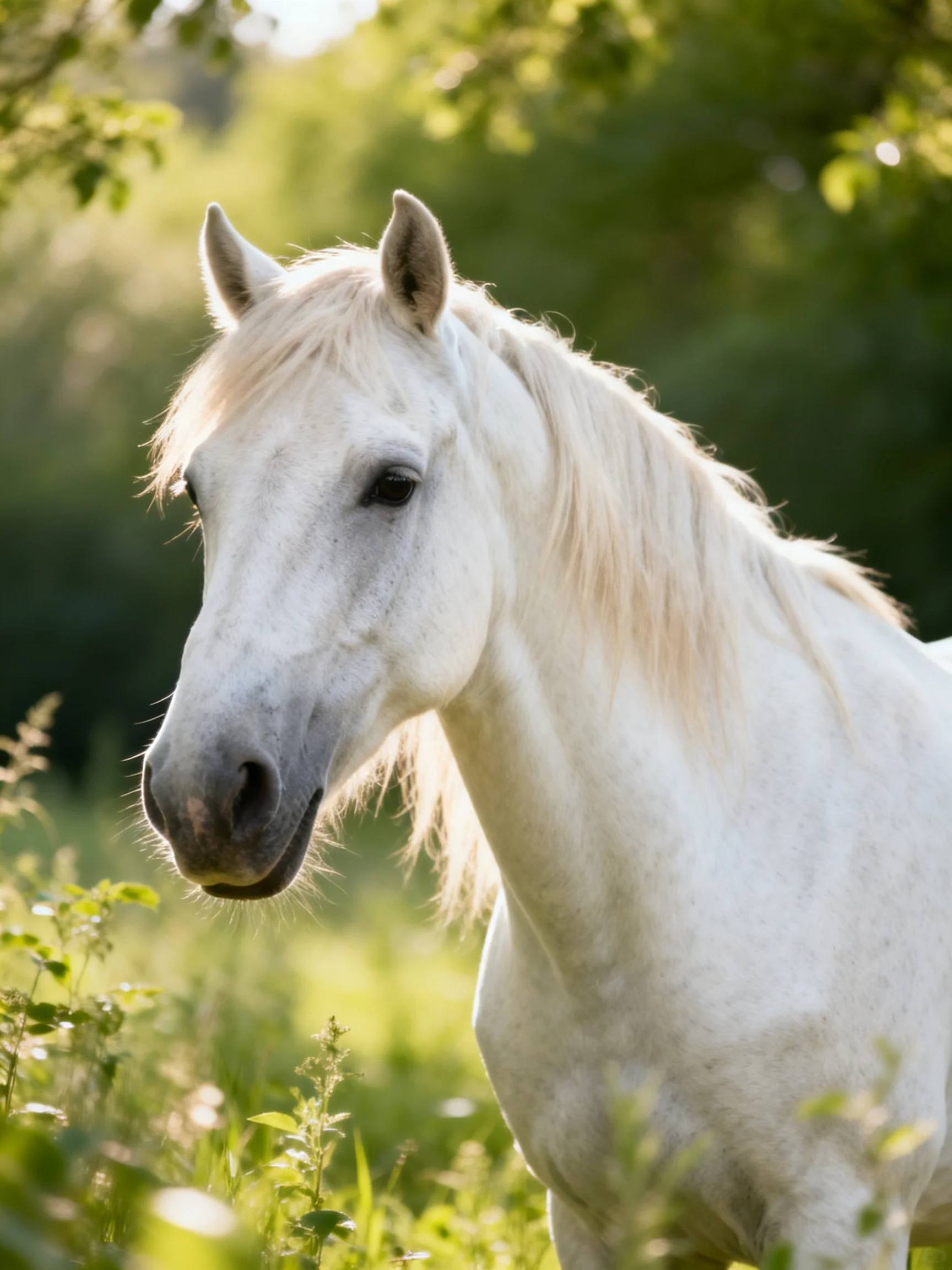 A white horse stands amid greenery in a sunlit outdoor setting.