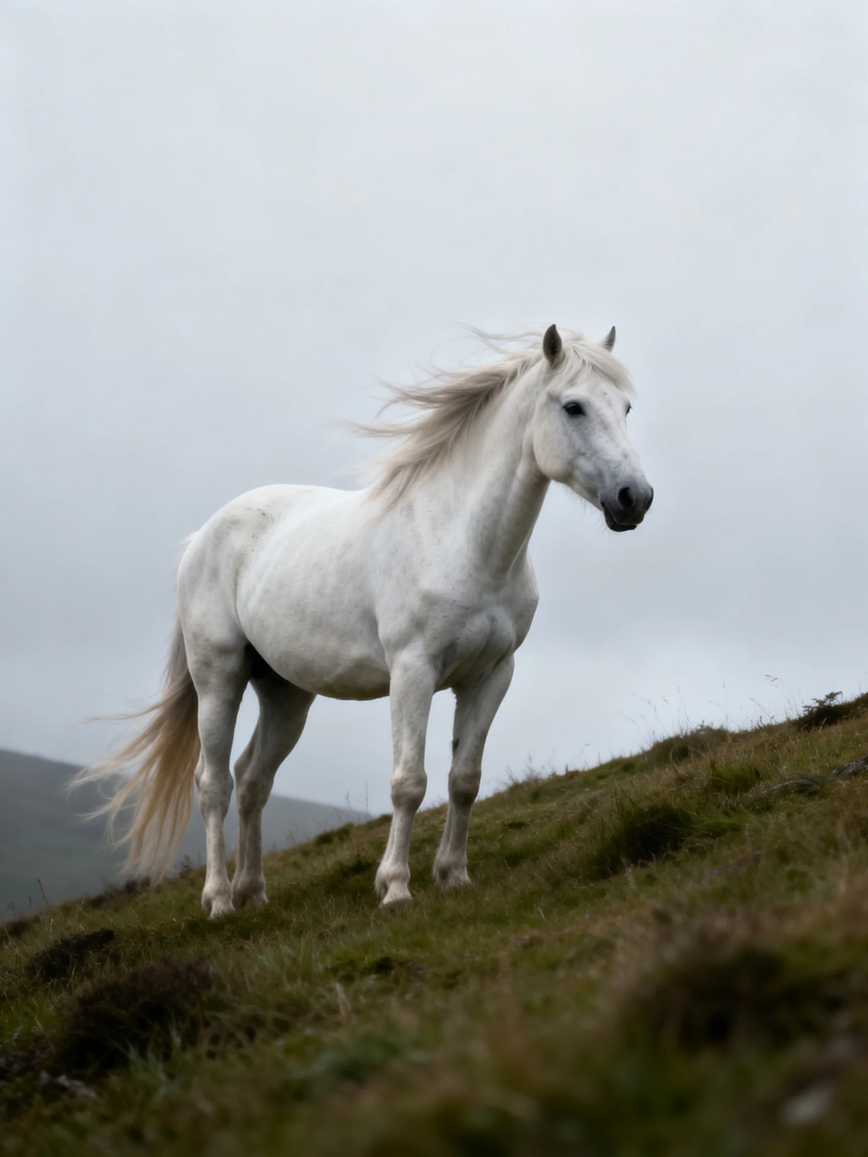 A white horse stands alone on a grassy hill in an overcast landscape.