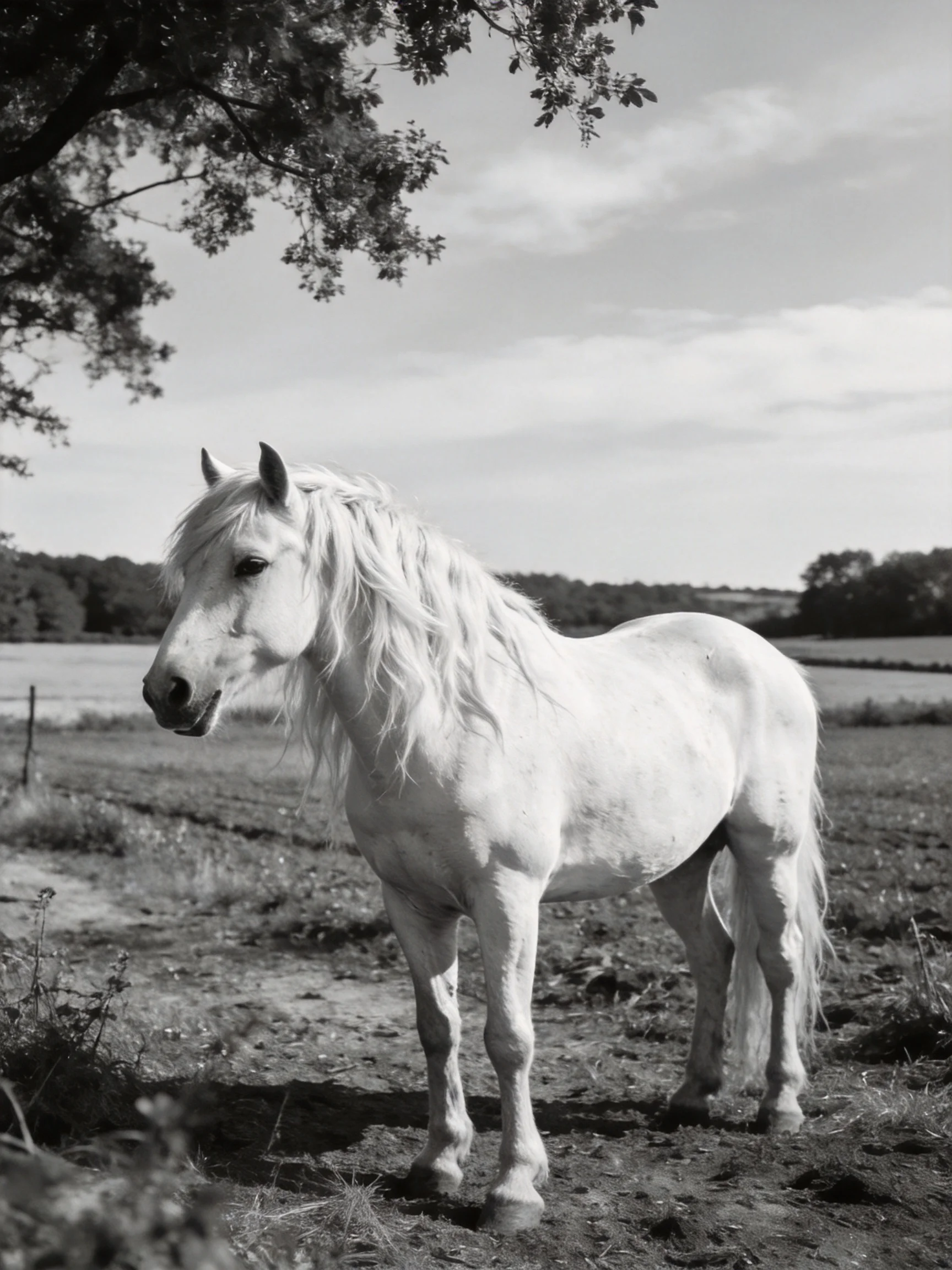 A white horse stands calmly in an open field near a tree.