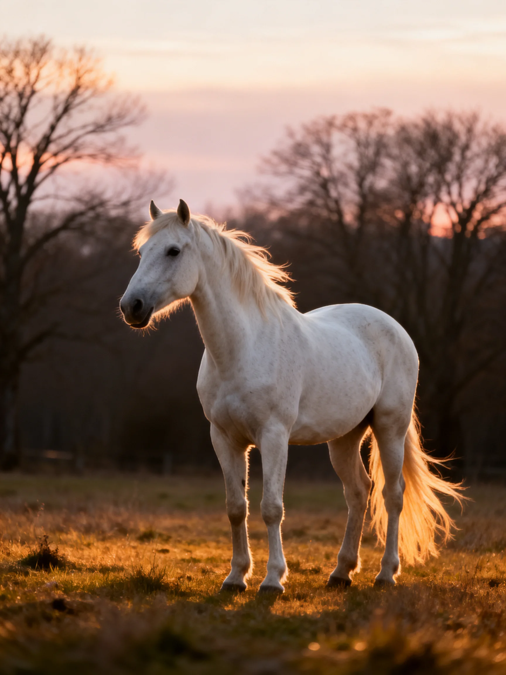 A white horse stands in a sunlit field with silhouetted trees.