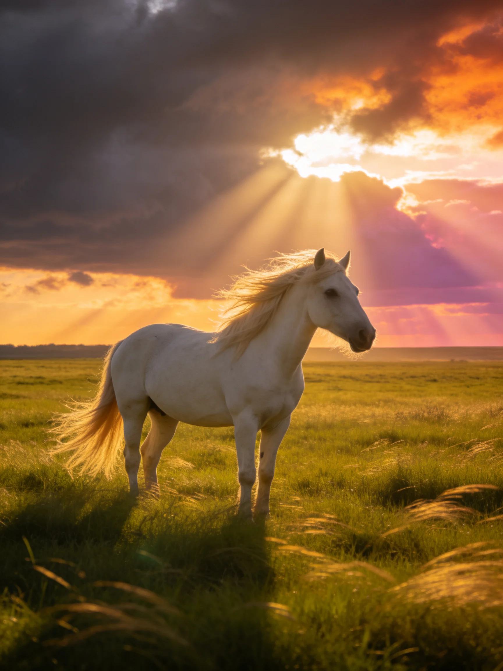 A white horse stands in a sunlit field during a vibrant sunset.