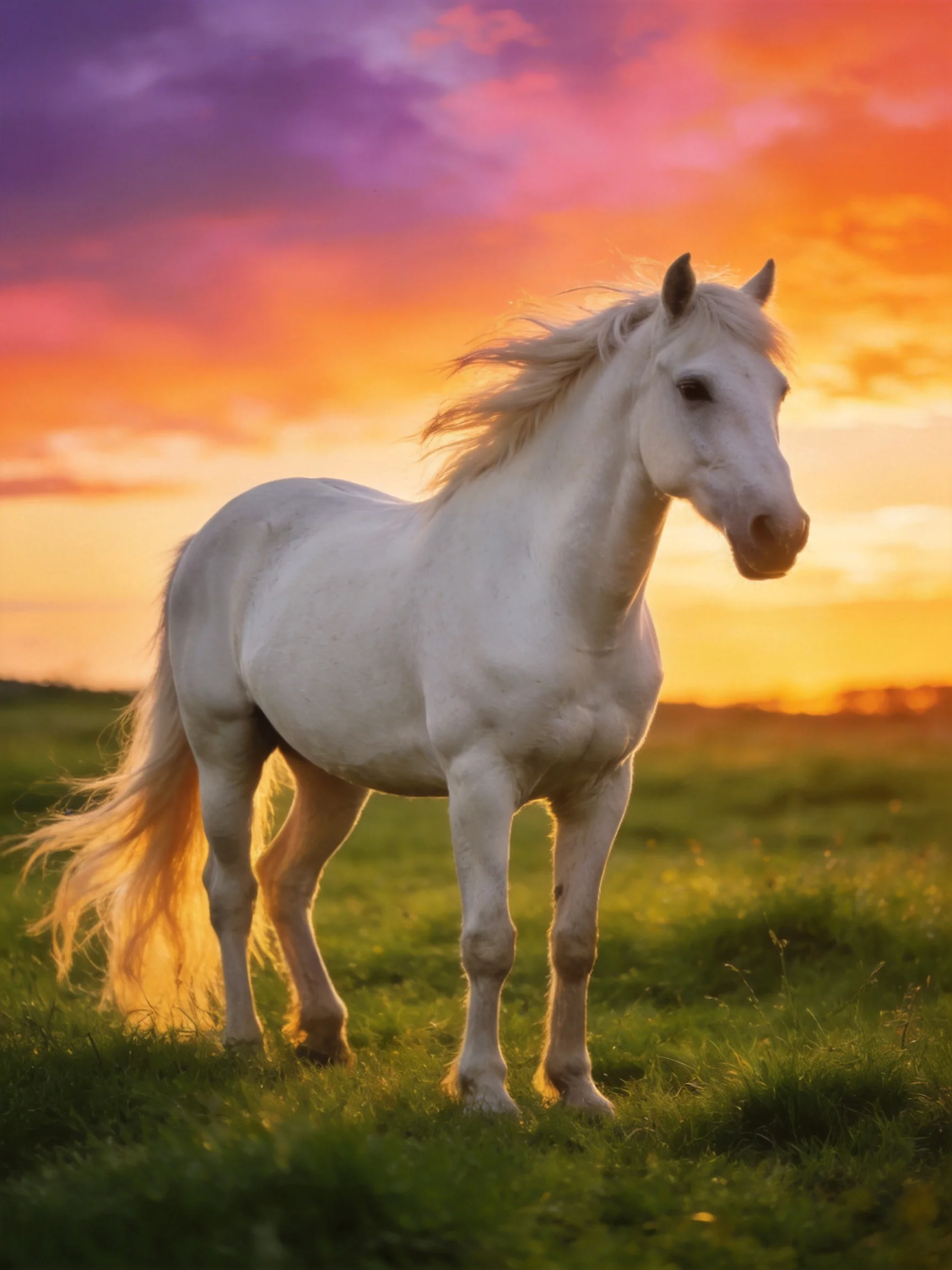 A white horse stands in a meadow beneath a colorful sunset sky.