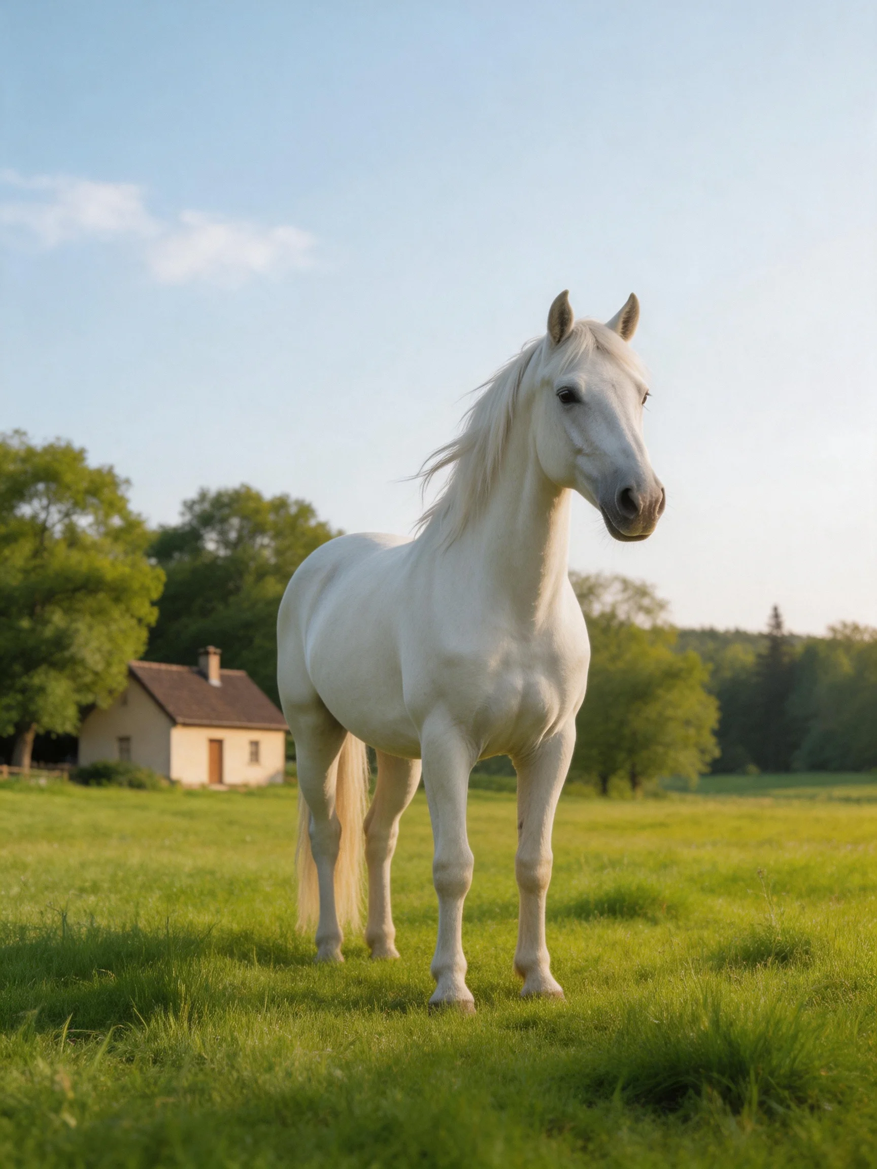A white horse stands in a green meadow with a cottage and trees in the background.