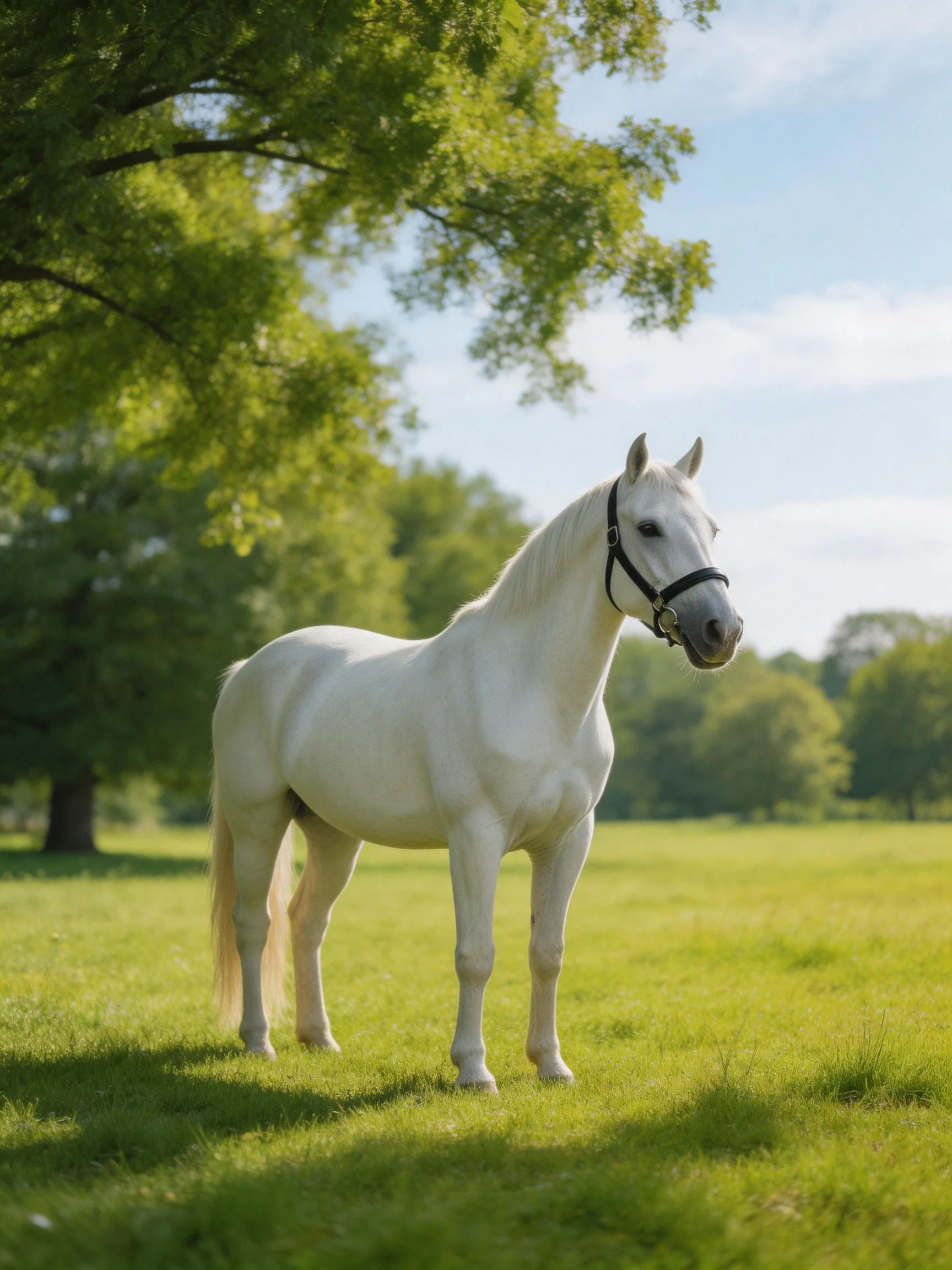 A white horse stands in a sunlit green meadow near trees