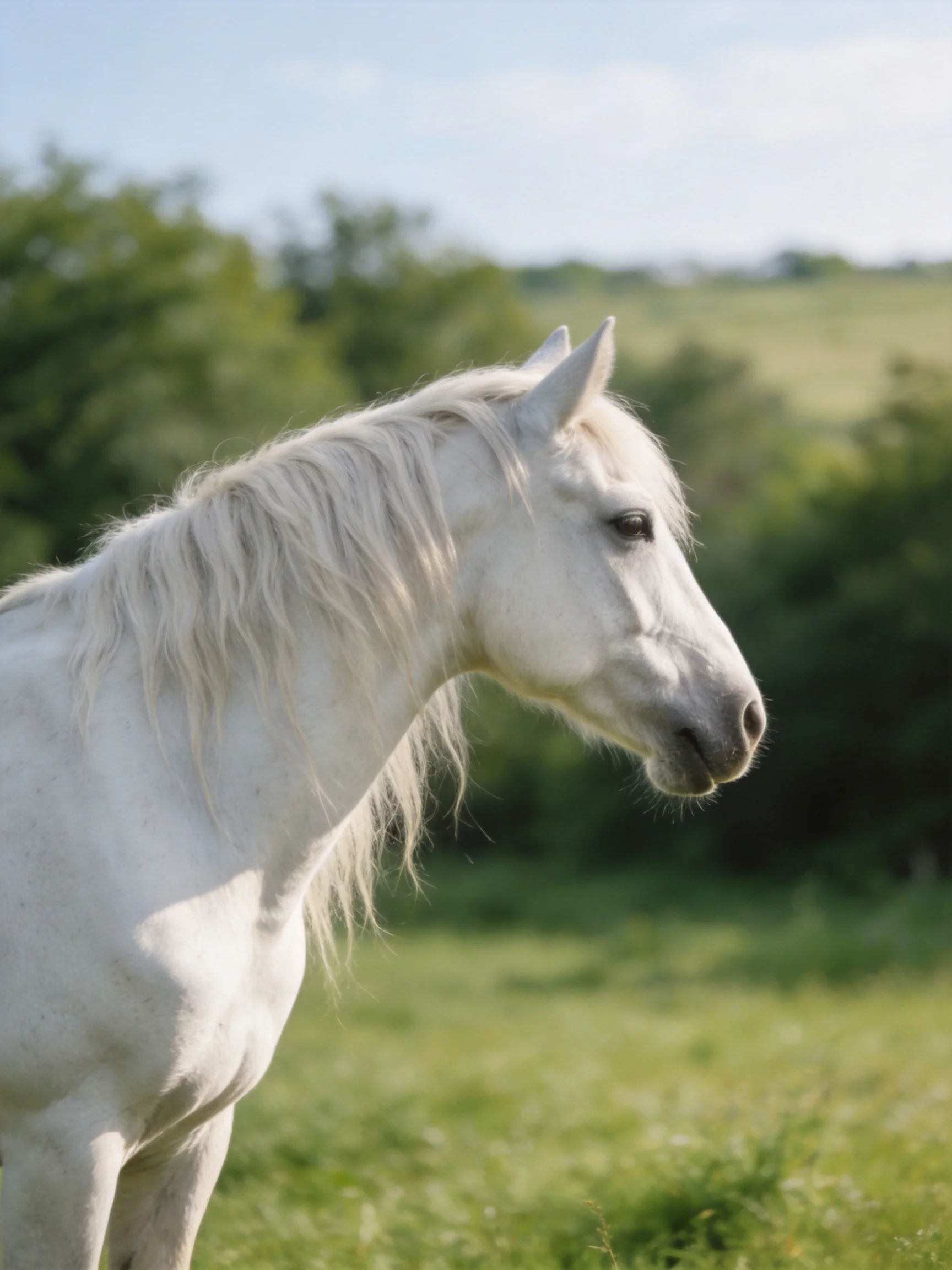 A white horse stands in a lush meadow with green surroundings.