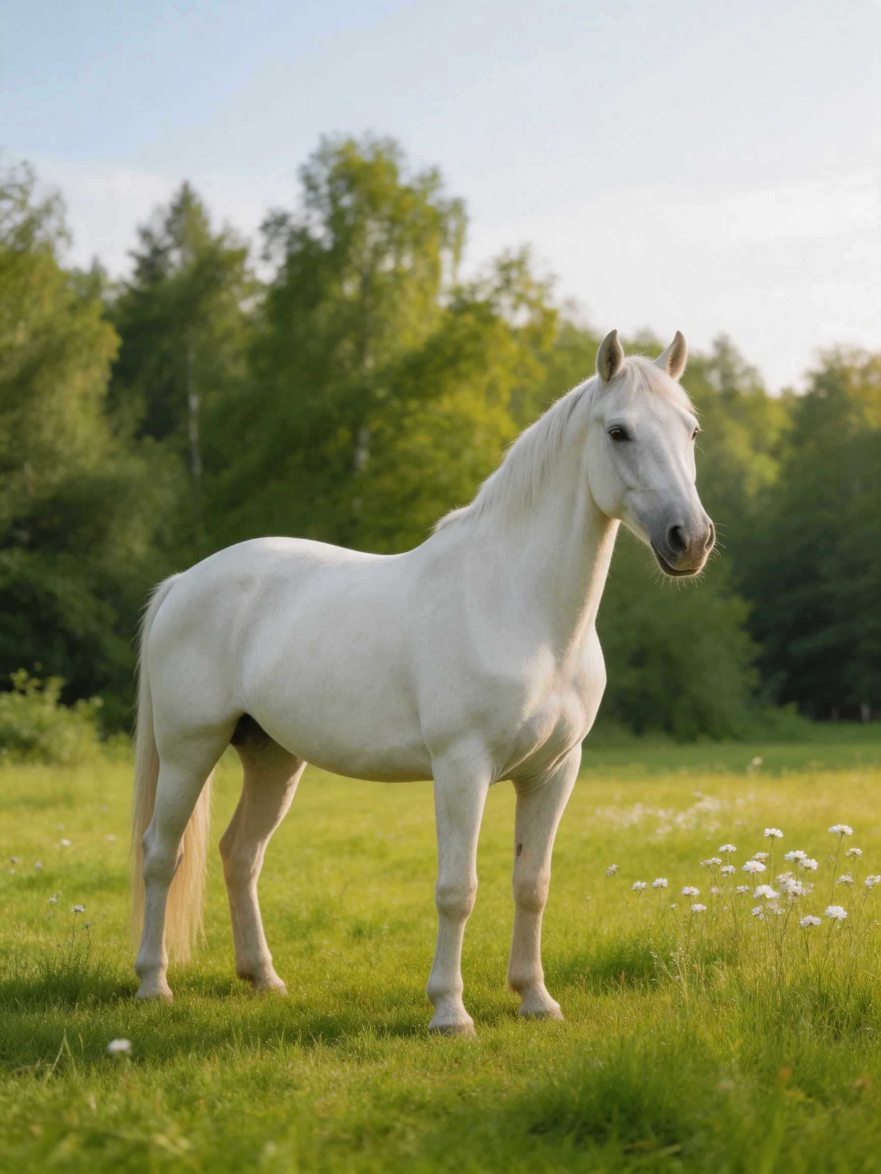 A white horse stands calmly in a sunlit grassy field near trees.
