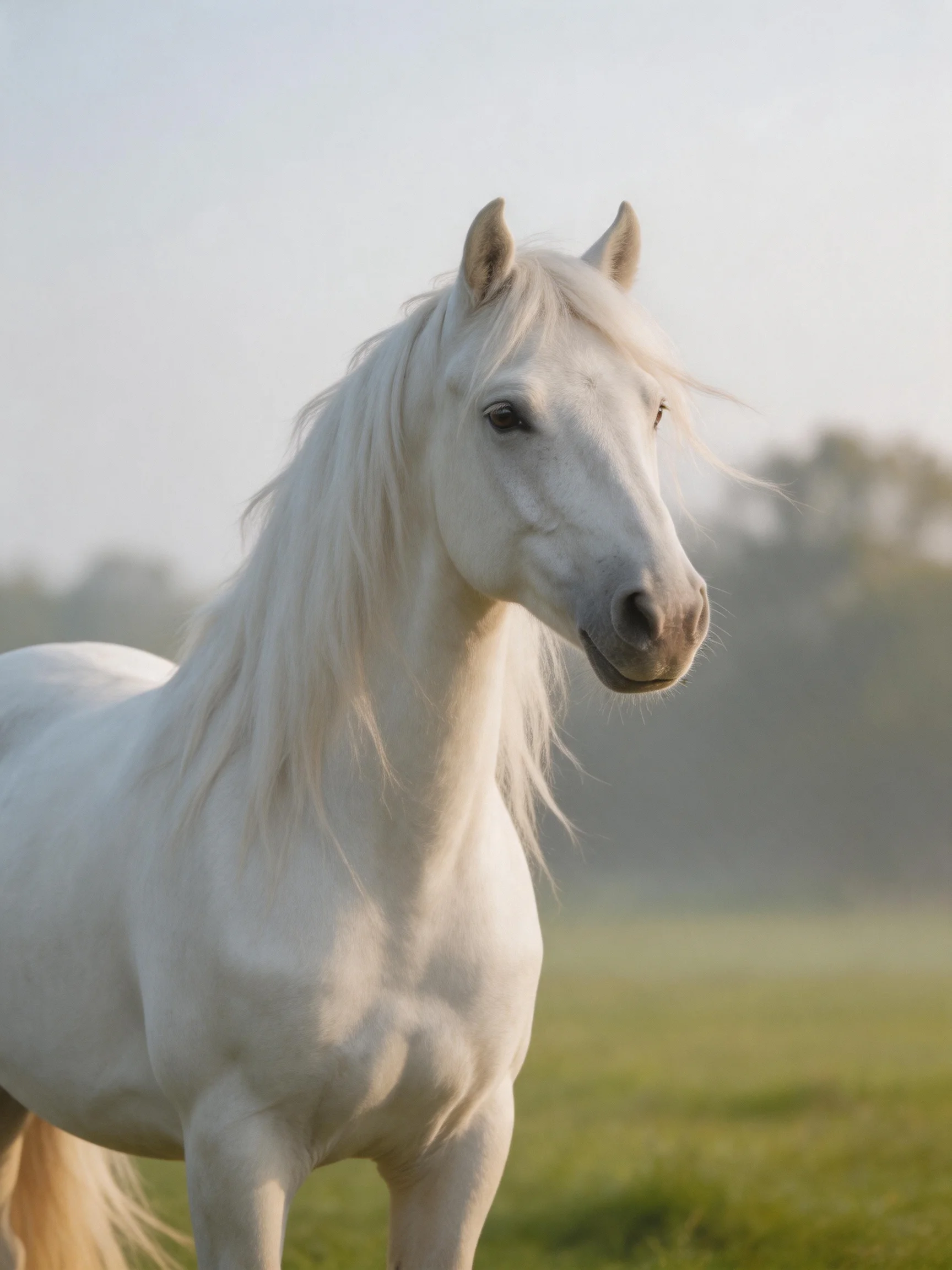 A white horse stands gracefully in a misty open field.
