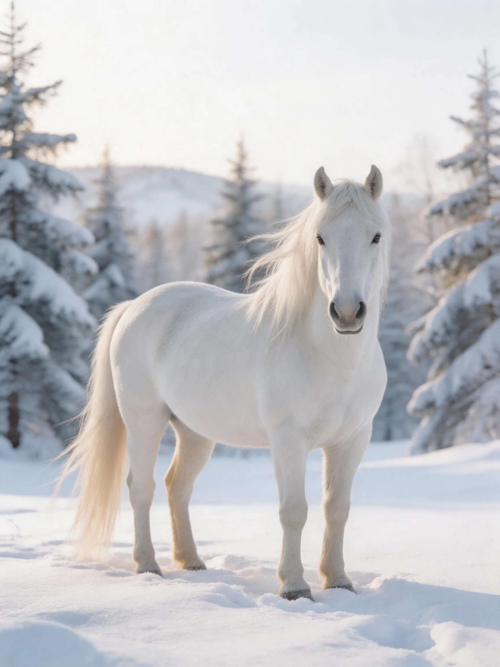 A white horse stands peacefully among snow - covered trees in a forest.