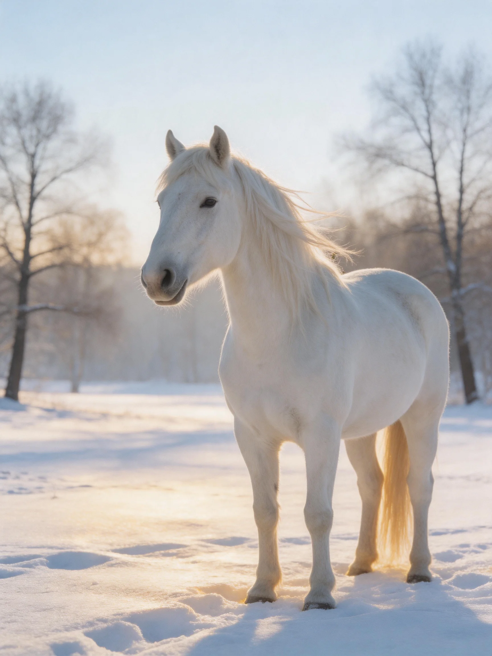 A white horse stands calmly in a snowy winter landscape.