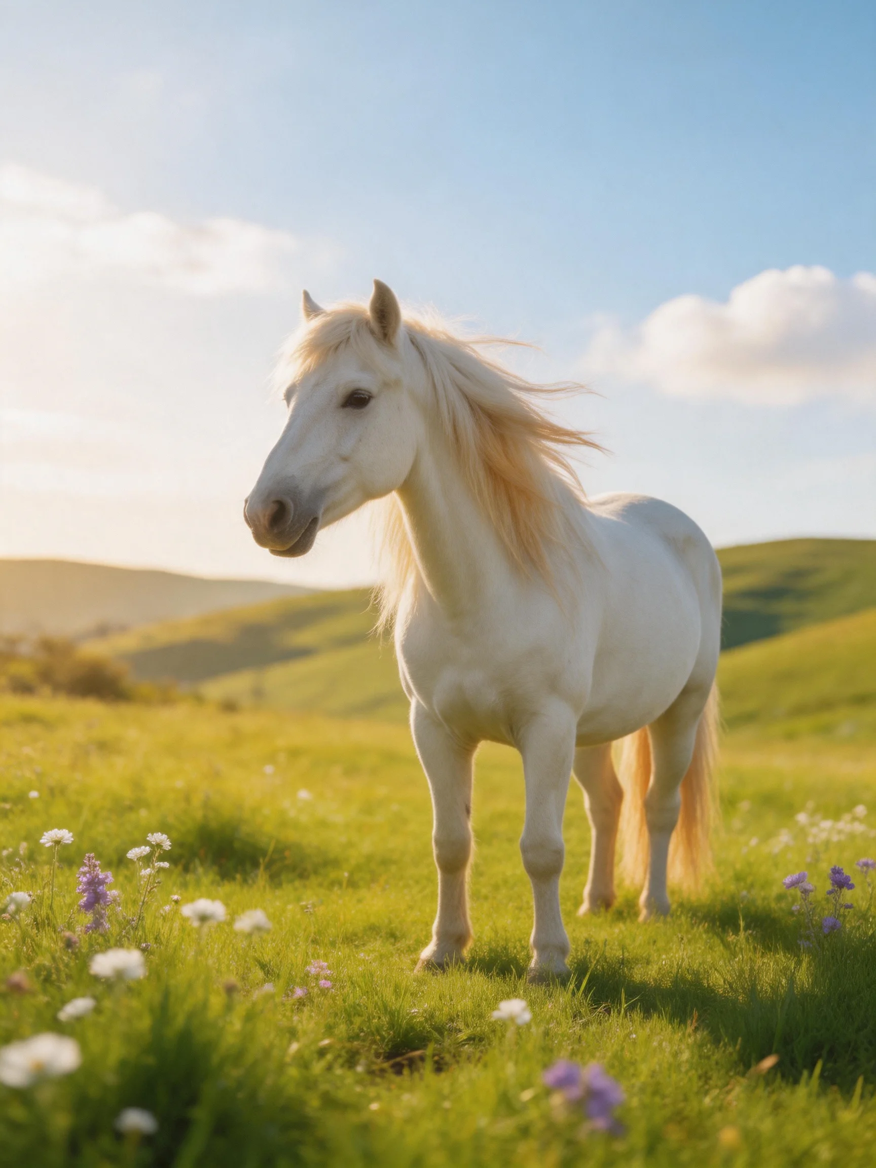 A majestic white horse stands in a sunlit flower-filled meadow